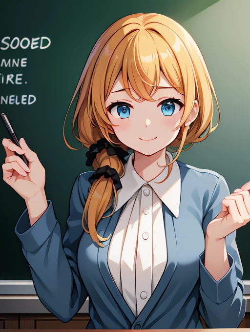 high resolution、High definition、high quality、Masterpiece、1 female、Ellen Baker、School teacher、Blonde、Blue Eyes、Light blue suit、School classroom、Cute pose、blackboard、smile、((Depiction of only the upper body))、((Woman close up))