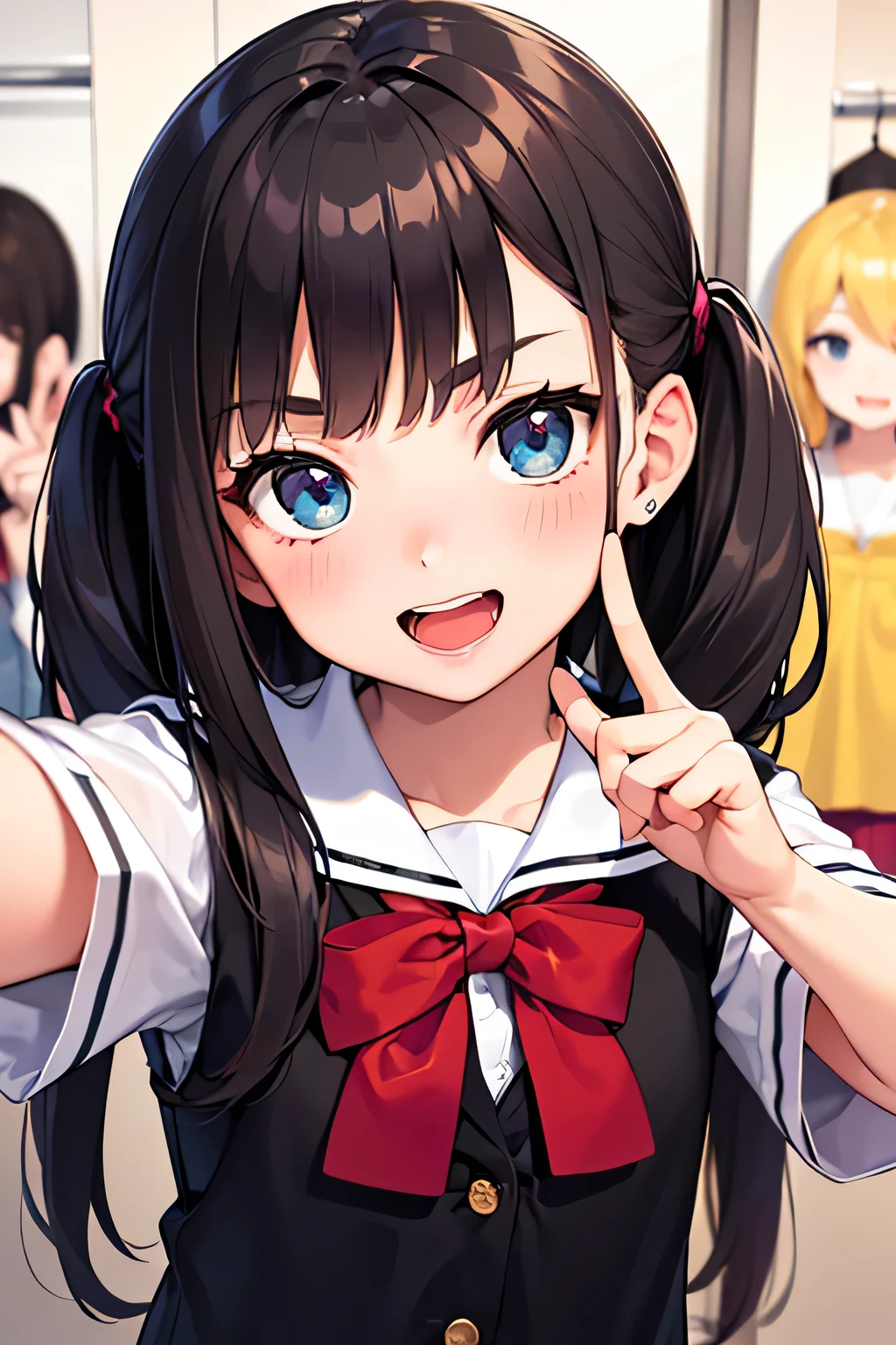 highest quality、High resolution、Detailed Background、(Beautiful face in every detail:1.4)、Anatomically correct、(Hide your fingers:1.3)、(Detailed facial expressions)、(Detailed eyes:1.2)、Teenage beauty、(Highly detailed face:1.4)、Cute hair colour、Braided twin tails、well-groomed eyebrows、Cute JK Uniform、Cute gestures、(Changing clothes in the fitting room)、In a joking manner、A big smile、(Three beautiful girls happily taking a selfie with their friends:1.5)