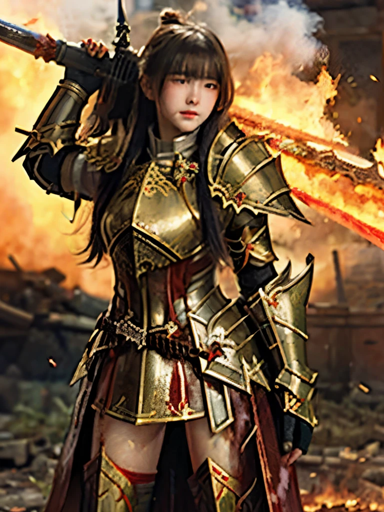 (((Realistic, masterpiece, best quality))),  girl wearing golden armor, japan style heavy armor, full body armor, long straight hair, sweating, bloodstained, bloodbath, carnage, holding japan fire sword, in epic war, fire and smoke everywhere, death anywhere