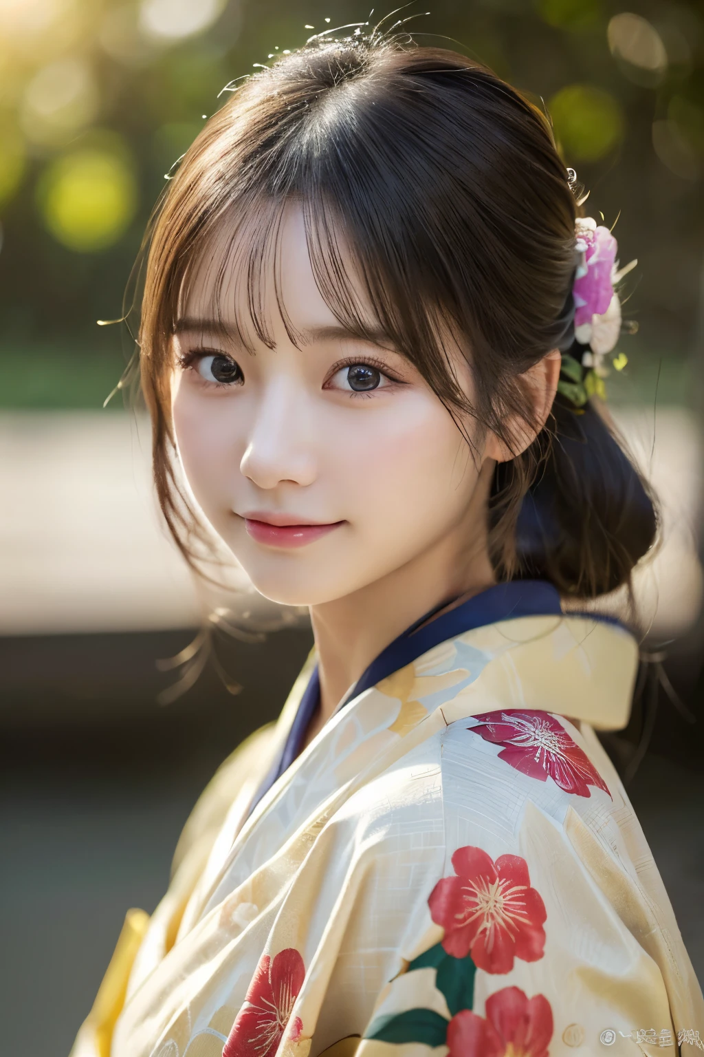 (kimono)、(highest quality、8k、High resolution、masterpiece:1.2)、Very detailed、(Realistic、photoRealistic、photo-Realistic:1.37)、Bokeh、Young face、Portraiture、No makeup、smile、(Beautiful and detailed eyes)、Detailed face、Depth of written boundary、chromatic aberration、Use natural light and color、Wide range of lighting、Natural Shading