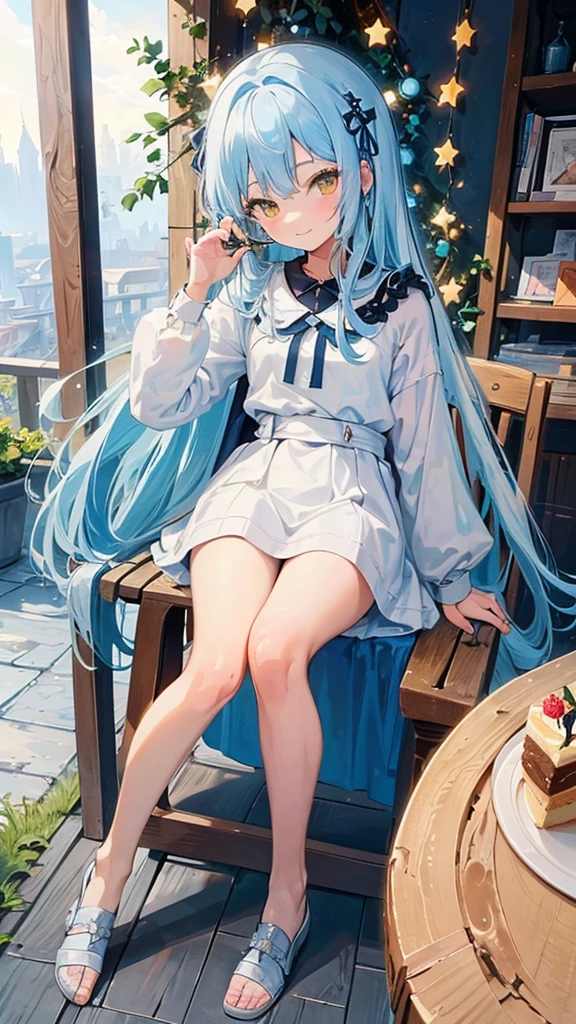 (Masterpiece,Highest quality),(Maximum details),(eye details),(hand details),woman,,long hair,light blue hair,yellow eyes,Cute face,smile,cheerful,be happy,Wear a white short-sleeved shirt,Wear short jeans,Has a gray upper coat.,action,eating cake,sit,Decorations,tree,table,chair,backdrop,cafe,in hand holding a fork,full body image