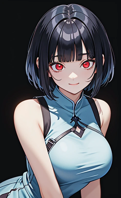 (masterpiece:1.4、top-quality、illustration)、(character focus、,upper body:1.3)、(face:1.5),(from above),(1girl),(Gentle face:1.2),(Beautiful eyes:1.4),cute face,(red eyes:1.5)、(tareme:1.3)、(crazy eyes:1.3),(half closed eyes:1.3)、
),(stand:1.4),、(Gentle smile:1.2),(head tilt:1.3),
(blue black hair),(short hair:1.5)、
,(glowing eyes:1.3),(sleeveless turtleneck china dress:1.5),
(blunt bangs),(sidelocks:1.3), (large breasts)、
、slender、zydG