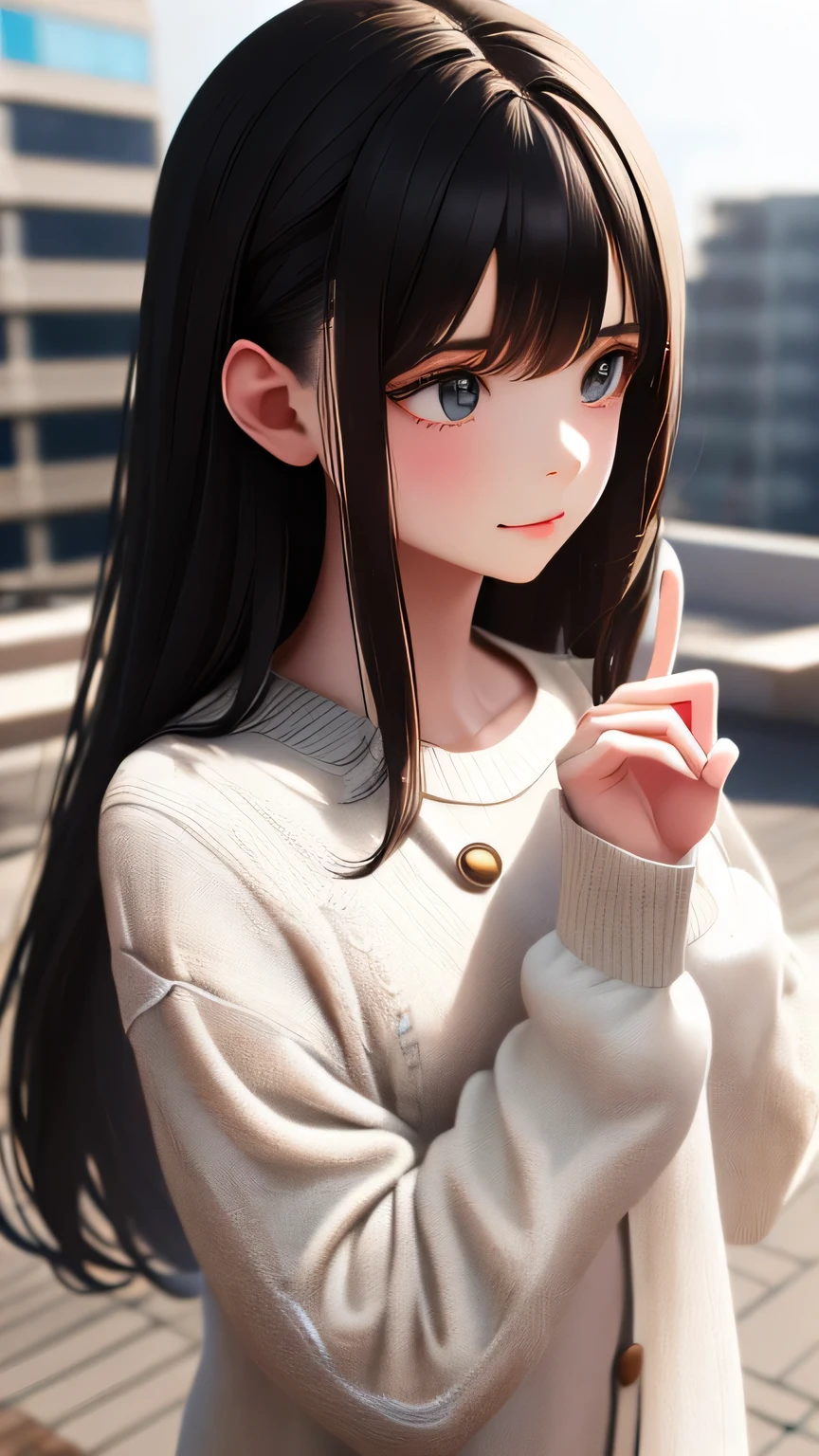 A girl with long, dark hair wearing a white sweater with button details and embroidered patterns, makes a gesture with her hands, forming a circle using her thumb and index finger. The background appears to be an outdoor setting with part of a building visible. Realistic 3D, 4K, high quality, best detailed