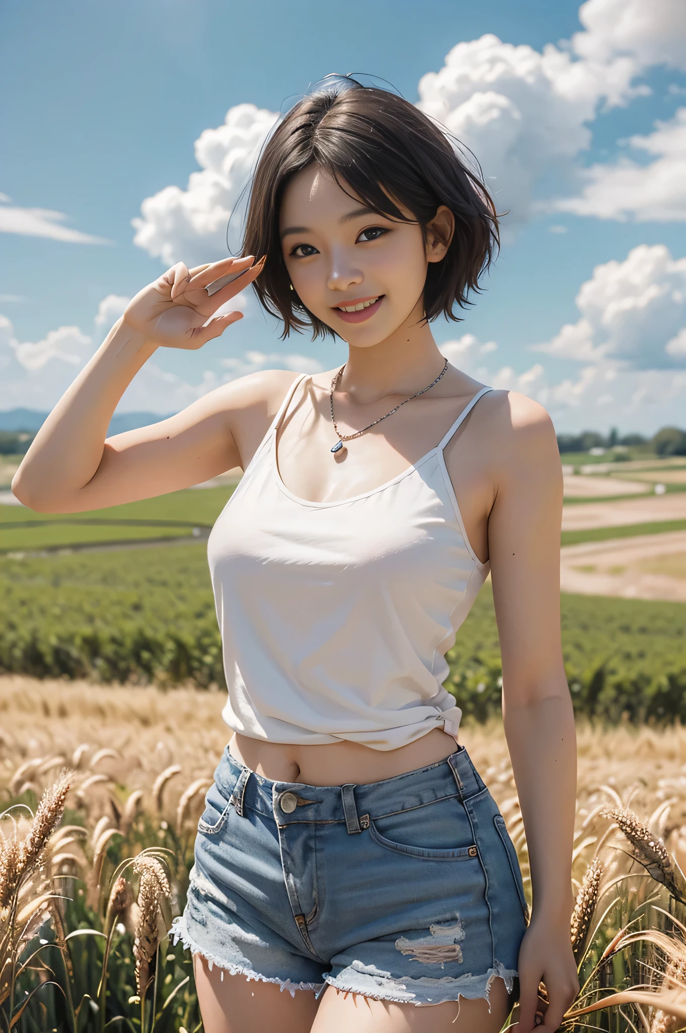 highest quality, Ultra-high resolution, masterpiece, Realistic: 1.8), pore, Accuracy, Wheat field, Tall and wide, White clouds overhead, (Shorts,pink)、 Ample breasts、White tank top、Silver Necklace、Pale Light, young woman, short hair、Smiling eyes、smile, Laugh out loud with your mouth open、White teeth、Standing with hands up、 Detailed Description, 17 years old、 cute,