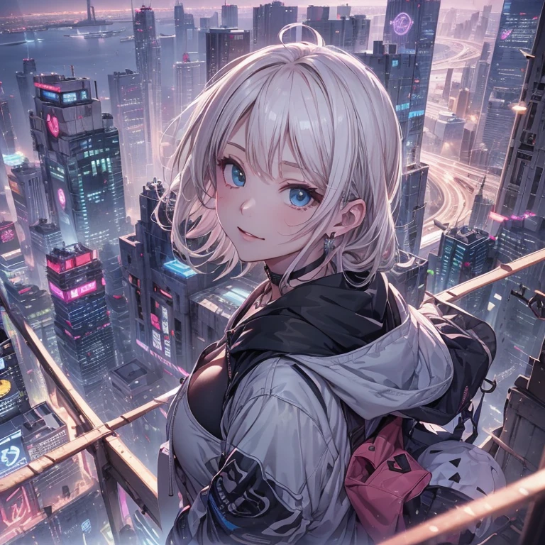 Absurd, High resolution, (公式art, beautifully、aesthetic:1.2), highest quality、(One Girl:1.8)、(solo:1.7)、Ultra-detailed,Bright colors, Anime Face、Very beautiful face and eyes,Mischievous Smile、(Platinum Blonde Hair:1.4) 、(Short low twin tail),(Pink open hoodie)、huge 、(Cleavage:1.2)、Blushing、(Cyan eyes:1.2)、Late at night、You can see the sea in the distance、Meteors、Rainbow lighting、Building lighting、Diamond dust、Nice views、choker、Small earrings、(Jump)、Raise your hands、(Black Plaid Pleated Skirt),Isometric Future, Anime Style School, Isometric projection, Night Sky, (Urban landscape of the near future), Depth of written boundary, Full HD, Rim Light, Vivid and sharp cinema lighting, Shadowy, chromatic aberration, art：art・ジャーム, Greg Rutowski, square Enix, Unreal Engine 5, FXAA, Isometric Future、Pink light、Purple Light、Yellow-green light、(Cyber City)、(Near future city)、Remains、