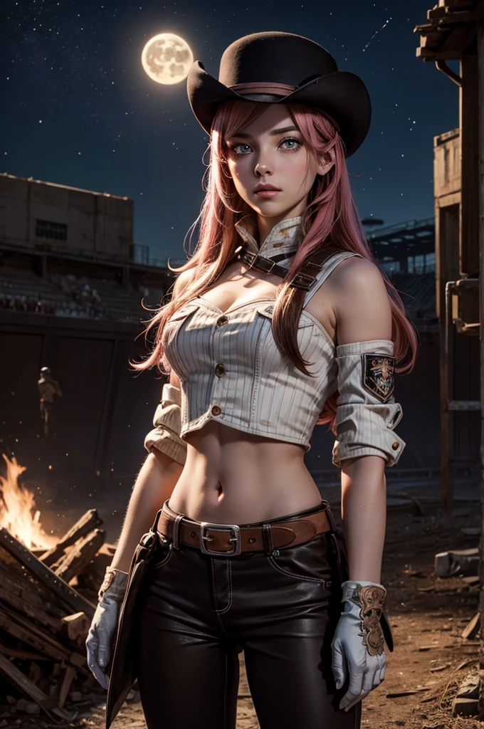 neopolitan, neopolitan, long hair, brown hair, (brown eyes:1.3), pink hair, multicolored hair, pink eyes, two-tone hair, (heterochromia:1.2), split-color hair, BREAK gloves, hat, navel, brown eyes, detached sleeves, midriff, belt, pants, white gloves, black headwear, bowler hat, BREAK outdoors, night, stars, moon, post-apocalypse, dystopian future, inside ruined stadium, broken ground, stream,  (crowd in military uniforms), bonfires, BREAK looking at viewer, (cowboy shot:1.5), BREAK (masterpiece:1.2), best quality, high resolution, unity 8k wallpaper, (illustration:0.8), (beautiful detailed eyes:1.6), extremely detailed face, perfect lighting, extremely detailed CG, (perfect hands, perfect ???????),
