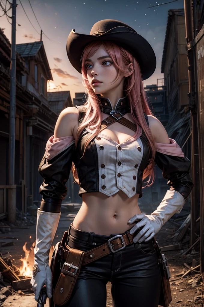 neopolitan, neopolitan, long hair, brown hair, (brown eyes:1.3), pink hair, multicolored hair, pink eyes, two-tone hair, (heterochromia:1.2), split-color hair, BREAK gloves, hat, navel, brown eyes, detached sleeves, midriff, belt, pants, white gloves, black headwear, bowler hat, BREAK outdoors, night, stars, moon, post-apocalypse, dystopian future, inside ruined stadium, broken ground, stream,  (crowd in military uniforms), bonfires, BREAK looking at viewer, (cowboy shot:1.5), BREAK (masterpiece:1.2), best quality, high resolution, unity 8k wallpaper, (illustration:0.8), (beautiful detailed eyes:1.6), extremely detailed face, perfect lighting, extremely detailed CG, (perfect hands, perfect anatomy),