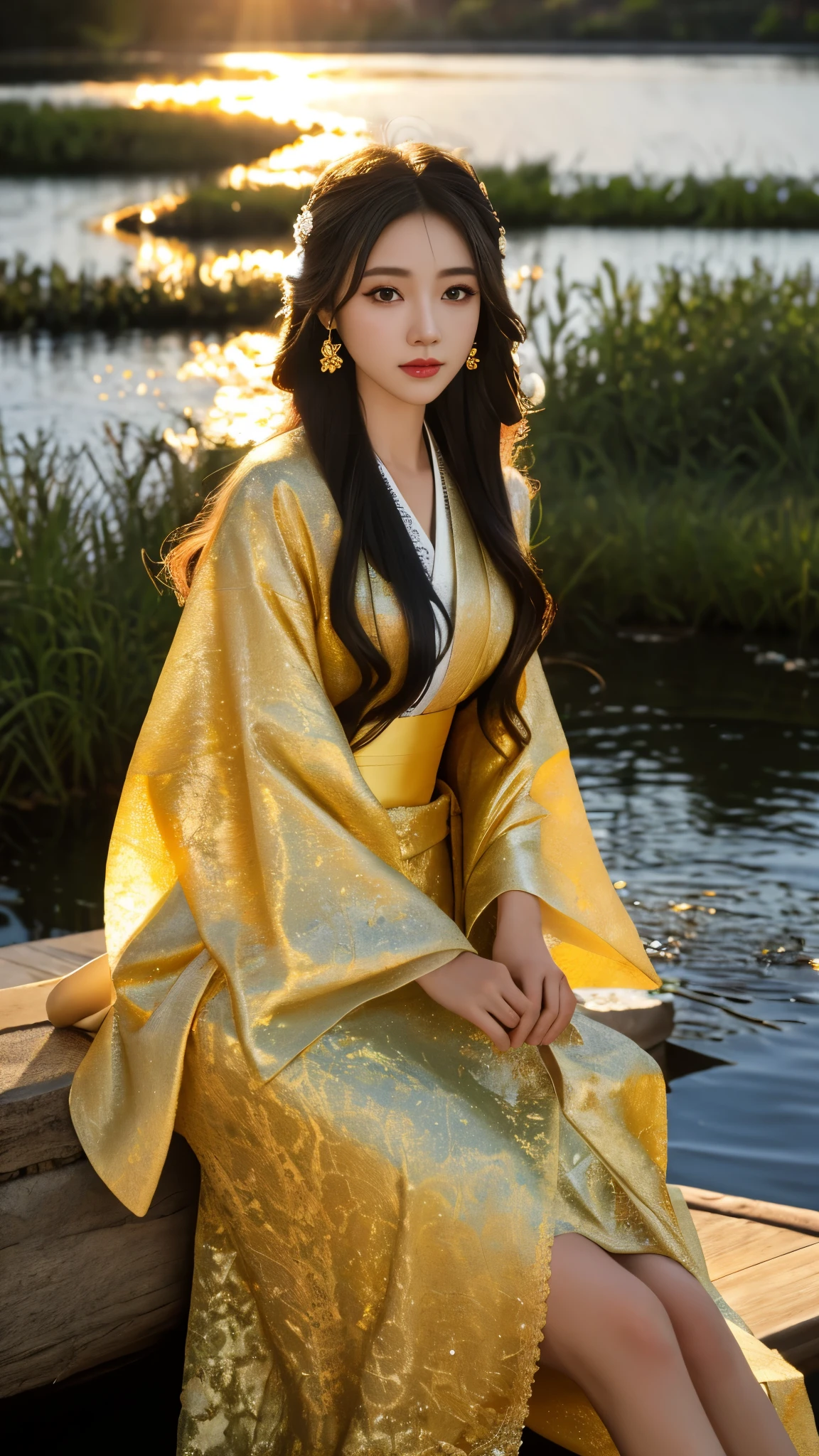 8K, UHD, masterpeiece,best quality, 1 girl, detailed face, detailed eyes, very long hair, long straight hair, small breasts, very detailed dress, kimono costume, goolden costume, ((golden lace)), sardine, flowing sardine, jwellery, earring, ornaments, flower, evening, lake, water, sunset, depth of field, glowing light, god rays, reflection light, bloom, looking at viewer, sitting,