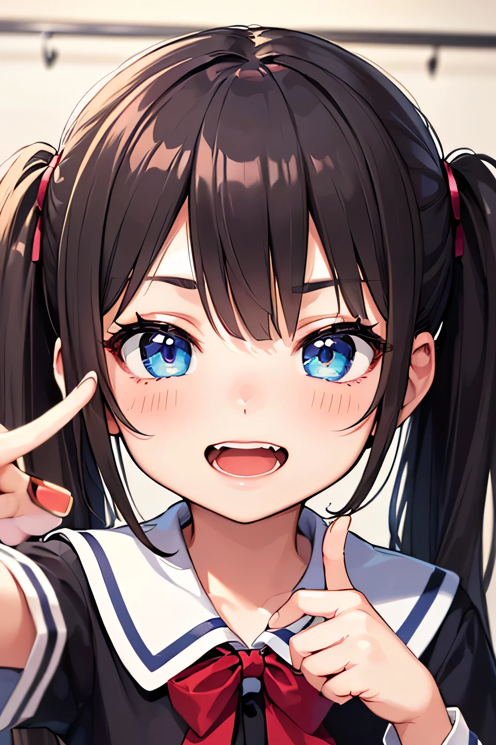 highest quality、High resolution、Detailed Background、(Beautiful face in every detail:1.4)、Anatomically correct、(Hide your fingers:1.3)、(Detailed facial expressions)、(Detailed eyes:1.2)、Teenage beauty、(Highly detailed face:1.4)、Cute hair colour、Braided twin tails、well-groomed eyebrows、Cute JK Uniform、Cute gestures、(Changing clothes in the fitting room)、In a joking manner、A big smile、(Three beautiful girls happily taking a selfie with their friends:1.5)