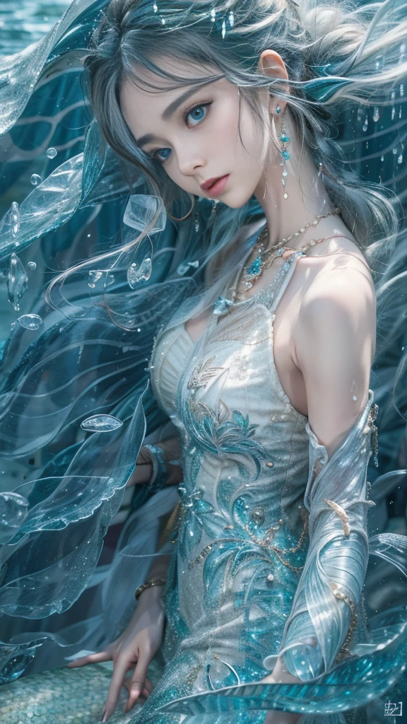 (RAW shooting, 32k:1.5, highest quality, masterpiece, Ultra-high resolution), (Under the sea at night:0.7, moonlight:0.7, Mystical Expressions:1.3, Expressions of sadness:1.0), Fractal Art:1.3, Perfect dynamic composition:1.3, 非常にdetailedな肌と顔の質感:1.3, (Dynamic flow of water waves:1.2, Slim Mermaid:1.2, Mermaid tail), Looking up at the audience, Fair skin:1.2, Incredibly slim body:1.2,Very beautiful face:1.1, Water droplets on the skin, detailed, (Rain drips down on my body:0.9, Wet body:0.9, Wet Hair:1.0), (Posing Pro:0.9, With a wet bouquet:0.9, Gorgeous blue shiny mermaid dress portrait:1.1, Woven Belt), Shapely breasts, (Big eyes that exude beautiful eroticism:0.5, Lips that exude beautiful eroticism:0.5), Totally captivates you, Very sweet atmosphere, necklace, Earrings, bracelet