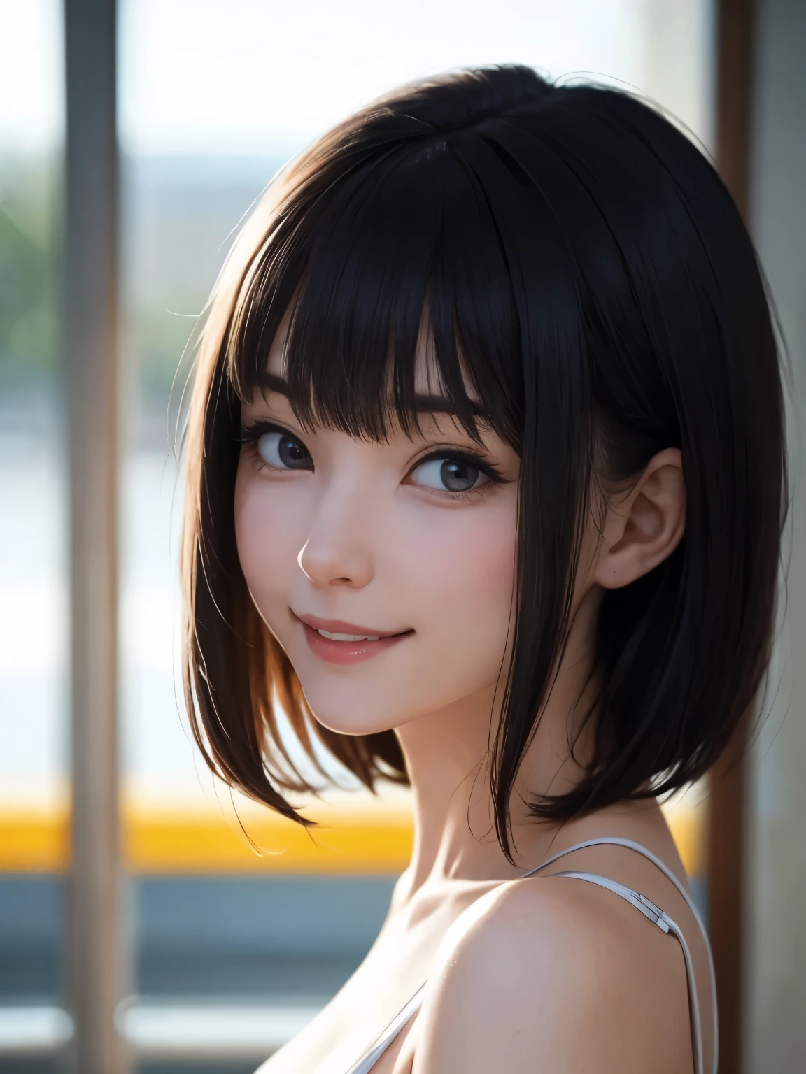 1 girl、highest quality、Realistic、alone、Written boundary depth、Natural soft light、Daytime、charm、Beautiful Face、Cleanliness、Pure Face、White skin、cute、short hair、prohibit、Beach、Light of the sun、Nedium Breast Body Esbian、((セーターを着たBeautiful Faceの黄金比 対称性のあるBeautiful Face))、Long neck、Listen carefully、prohibitのあるきれいな短いボブヘア、Laugh with your mouth closed、Perfect hands指、Perfect hands、Perfect body、Perfect Face、Shine a light into your eyes、Perfect Anatomy:1.4、とてもcuteスーパーモデル:1.4、{Huge|big|Hugeな|Mega} chest:2, chestの谷間:2