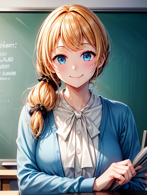 high resolution、High definition、high quality、Masterpiece、1 female、Ellen Baker、School teacher、Blonde、Blue Eyes、Light blue suit、School classroom、Cute pose、blackboard、smile、((Depiction of only the upper body))、((Woman close up))