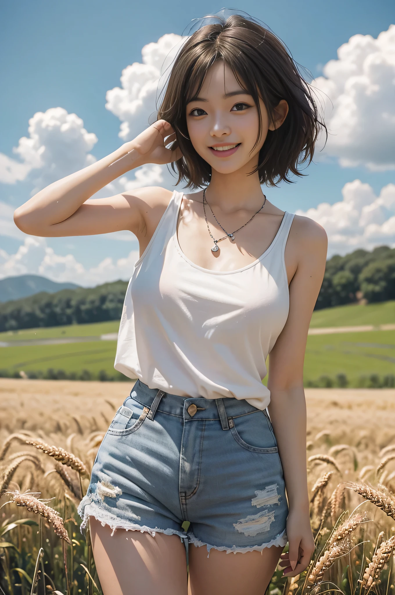 highest quality, Ultra-high resolution, masterpiece, Realistic: 1.8), pore, Accuracy, Wheat field, Tall and wide, White clouds overhead, (Shorts,pink)、 Ample breasts、White tank top、Silver Necklace、Pale Light, young woman, short hair、Smiling eyes、smile, Laugh out loud with your mouth open、White teeth、Standing with hands up、 Detailed Description, 17 years old、 cute,