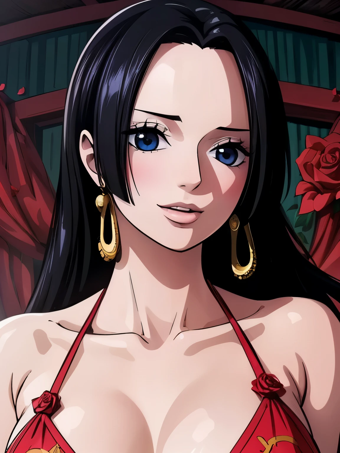 highest quality, masterpiece, Very detailed,One girl,  ((Rose)), (vine), cage, bandage, Red rope, (Detail Light), falling Rose petals, Boa Hancock,, (masterpiece:1.5), Detailed Photos, smile,(8k, Realistic, highest quality: 1.4), (One girl), Beautiful Face, (Anime realistic face), (Black Hair, Long Hair: 1.3), Beautiful Hairstyles, Realistic eyes, Beautiful details in the eyes, (Realistic Skin), Beautiful Skin, (Swimwear), Absurd, Charm, 超High resolution, Ultra-realistic, High resolution, Golden Ratio, Salome, White snake with a skull on its head, Big Snake