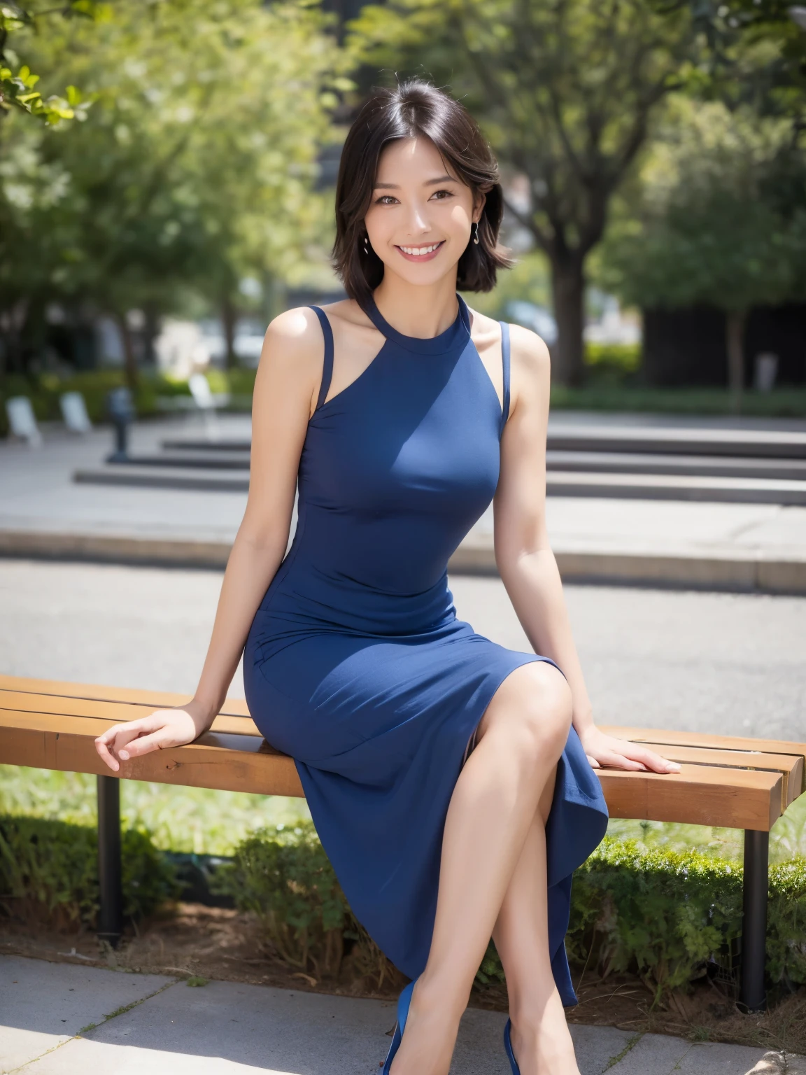 最high quality, In 8K, Masseter region, Vibrant, Sharp focus, high quality, High resolution, Detailed face, fine grain, Thick lips, (Looking at the audience), alone, Beautiful woman, 38 years old, plum, Short black hair,  (Blue open neck thin strap dress:1.5), afternoon、In front of the garden in the park,（Sit on a bench：1.5）、((smile:1.5))、((Wearing black pumps))