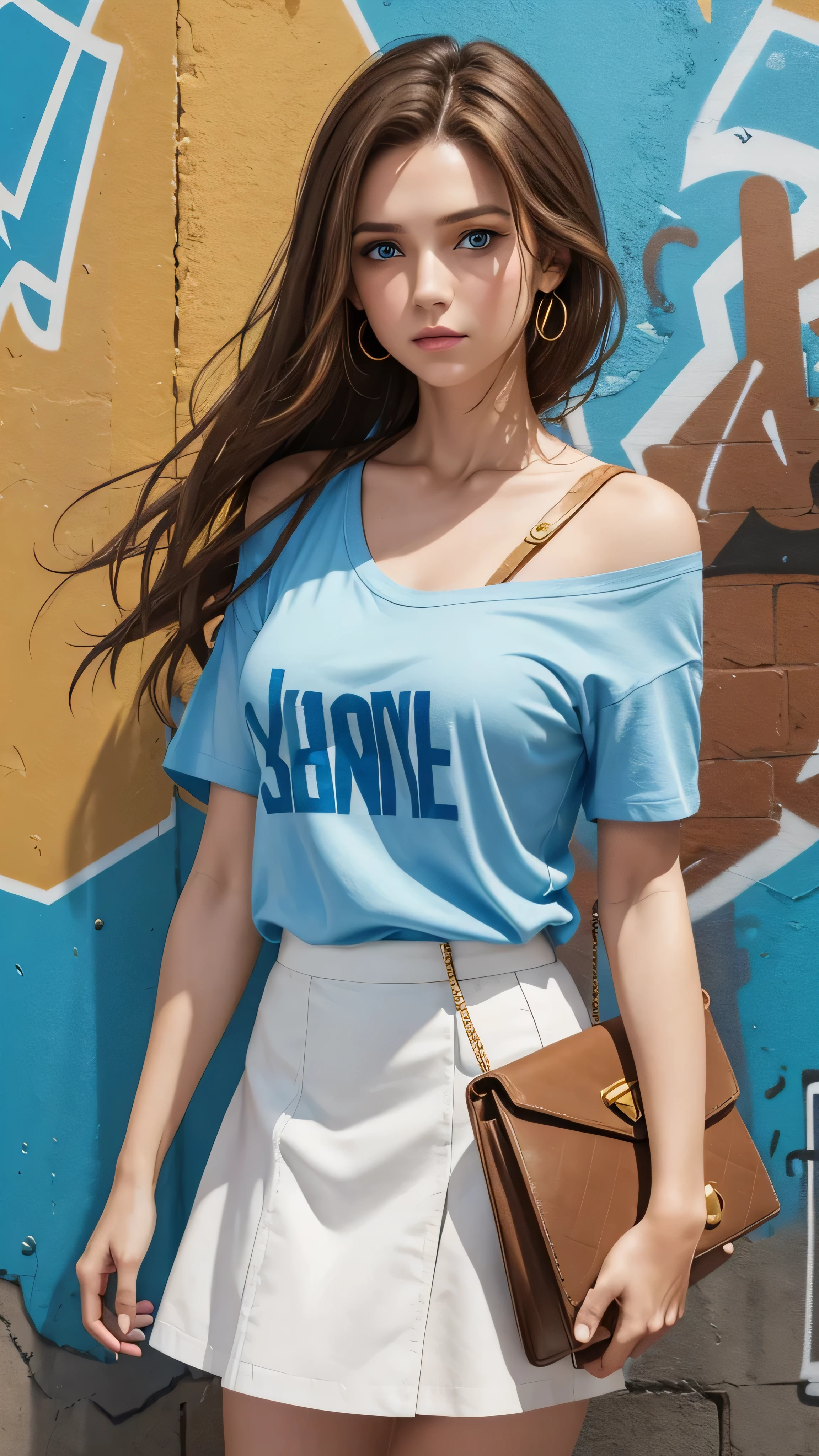 Woman with light brown hair blue eyes blue shirt with short sleeves with a short white skirt. On her shoulder is a brown purse with gold details, with a wall with graffiti in the background.