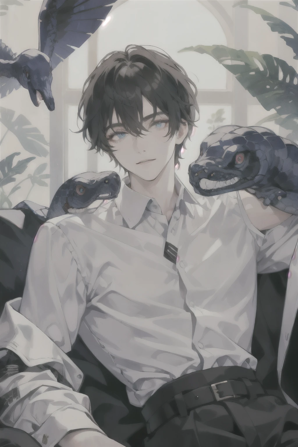 masterpiece, best quality, ultra detailed, (solo man), (male focus), ((Oblong face)), ((Square jawline)), black hair, ((hairs between eyes)), ((shoulder length)), ((narrow blue eye)), fair skin, skinny body, beauty mark, {uniform, outfit, clothes}, dress shirt, snfw, (Giving an insincere smile:0.7), (Frolicking with a big albino snake), lying on a bed, (completely nude:1.0),front face, from above