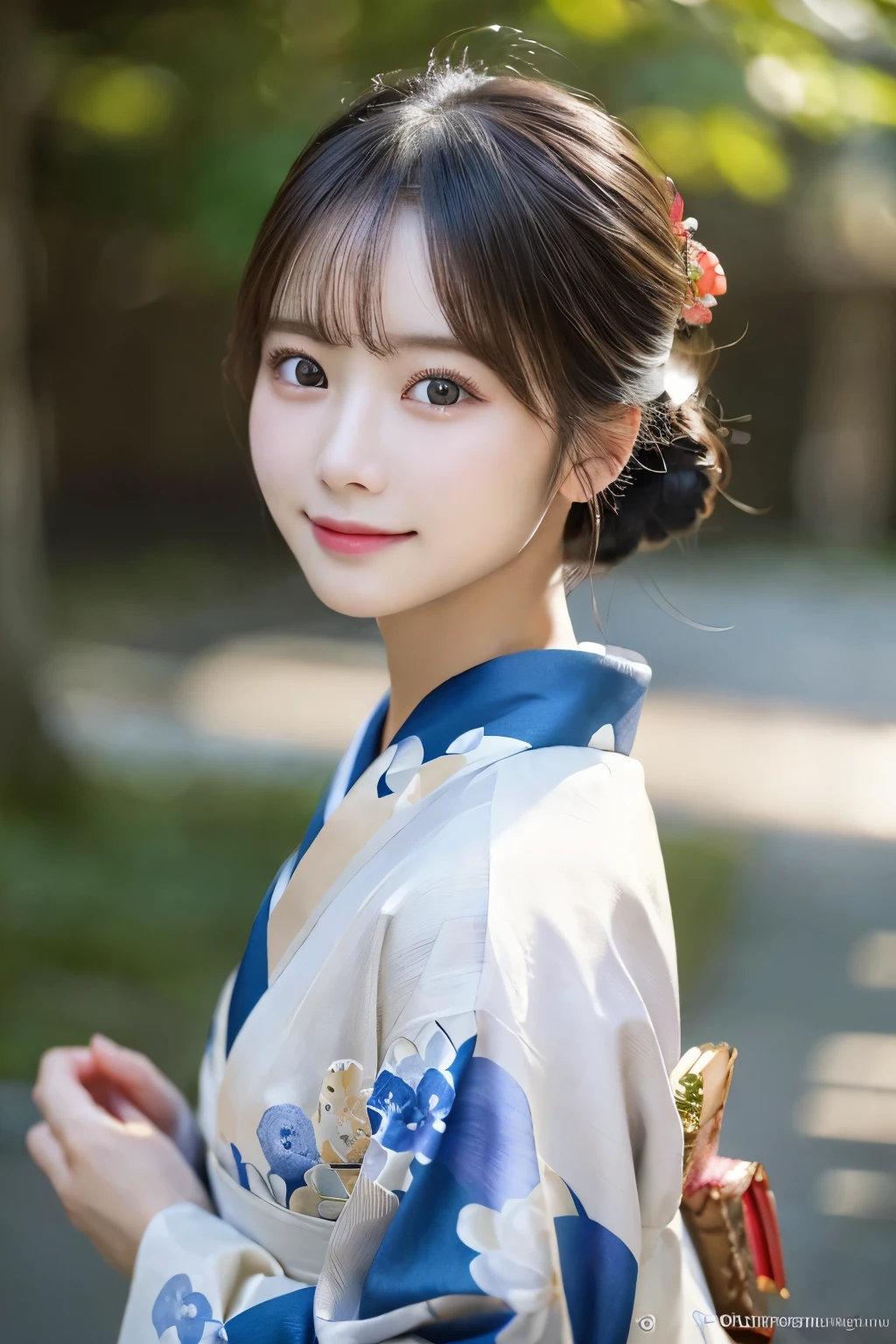 (kimono)、(highest quality、8k、High resolution、masterpiece:1.2)、Very detailed、(Realistic、photoRealistic、photo-Realistic:1.37)、Bokeh、Portraiture、No makeup、smile、(Beautiful and detailed eyes)、Detailed face、Depth of written boundary、chromatic aberration、Use natural light and color、Wide range of lighting、Natural Shading