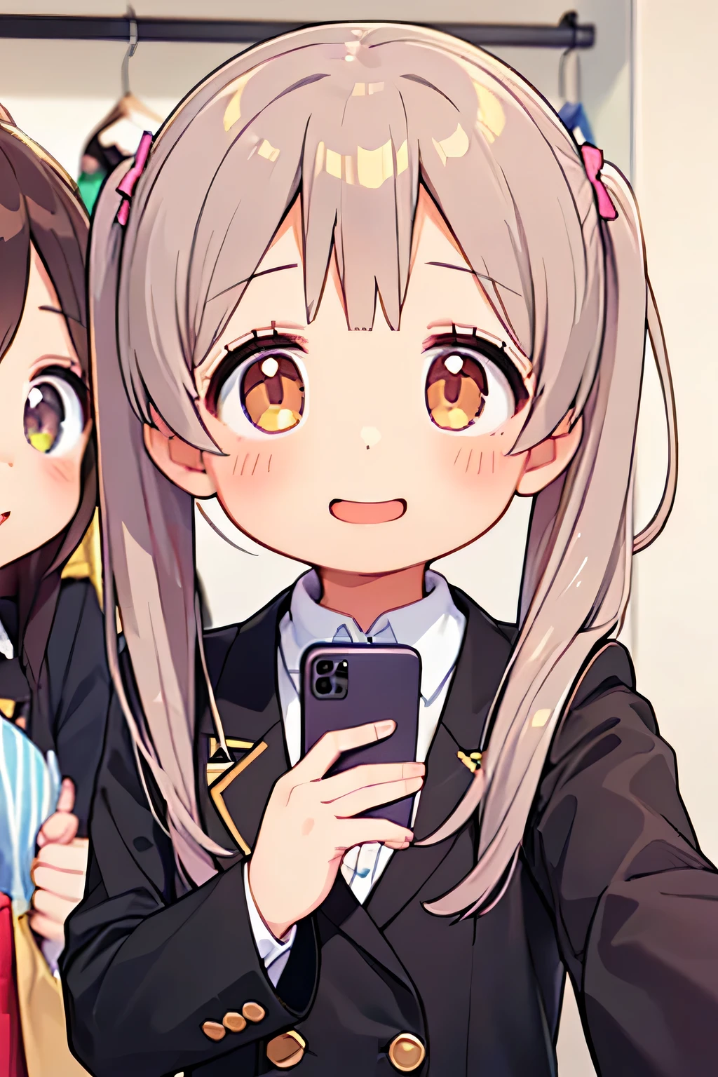 highest quality、High resolution、Detailed Background、(Beautiful face in every detail:1.4)、Anatomically correct、(Hide your fingers:1.3)、(Detailed facial expressions)、(Detailed eyes:1.2)、age beauty、(Highly detailed face:1.4)、Cute hair colour、Braided twin tails、well-groomed eyebrows、Cute JK Uniform、Cute gestures、(Changing clothes in the fitting room)、In a joking manner、A big smile、(Three beautiful girls happily taking a selfie with their friends:1.5)