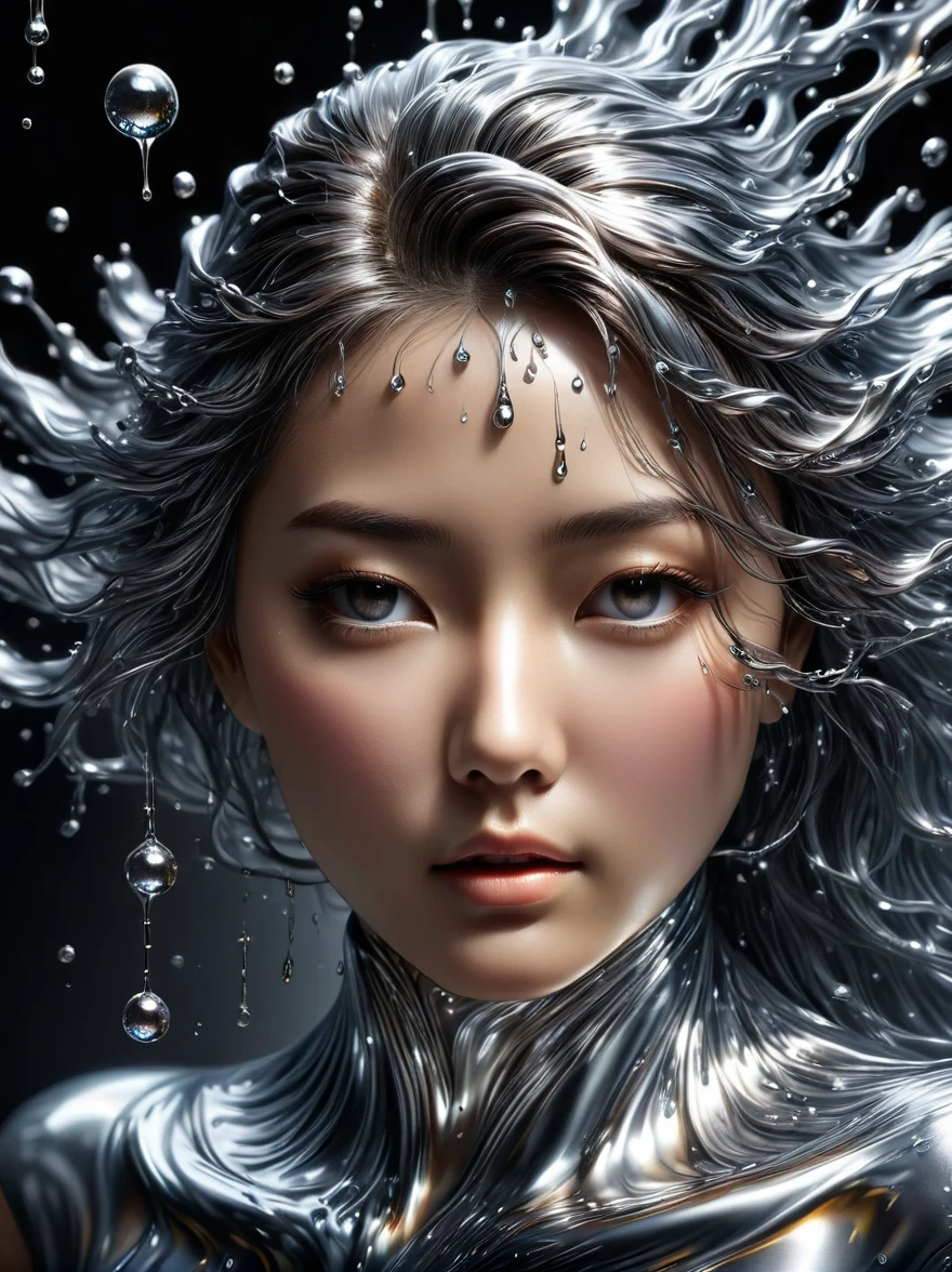 1girl, (Made of liquid metal:1.5)，Metal water droplets，Dripping，液态Metal Rain滴，下液态Metal Rain，Metal Rain，美丽detailed的眼睛，美丽detailed的嘴唇，极其detailed的眼睛和脸，Long eyelashes，Flowing metal,Metallic luster，Reflective surface，Dynamic poses，戏剧性light，Dark background，The art of math，Concept Art，light，戏剧性light，3D Rendering，Hyperrealism，detailed，metallic feel，Luminescence，柔和light，Dynamic composition，Dramatic composition，(Best quality，8k，high resolution，masterpiece:1.2)，超detailed，(Reality, 1.4 times more realism), 戏剧性light，Physically Based Rendering，(Extremely detailed description)，Super Fine，major，Vibrant colors，blur background