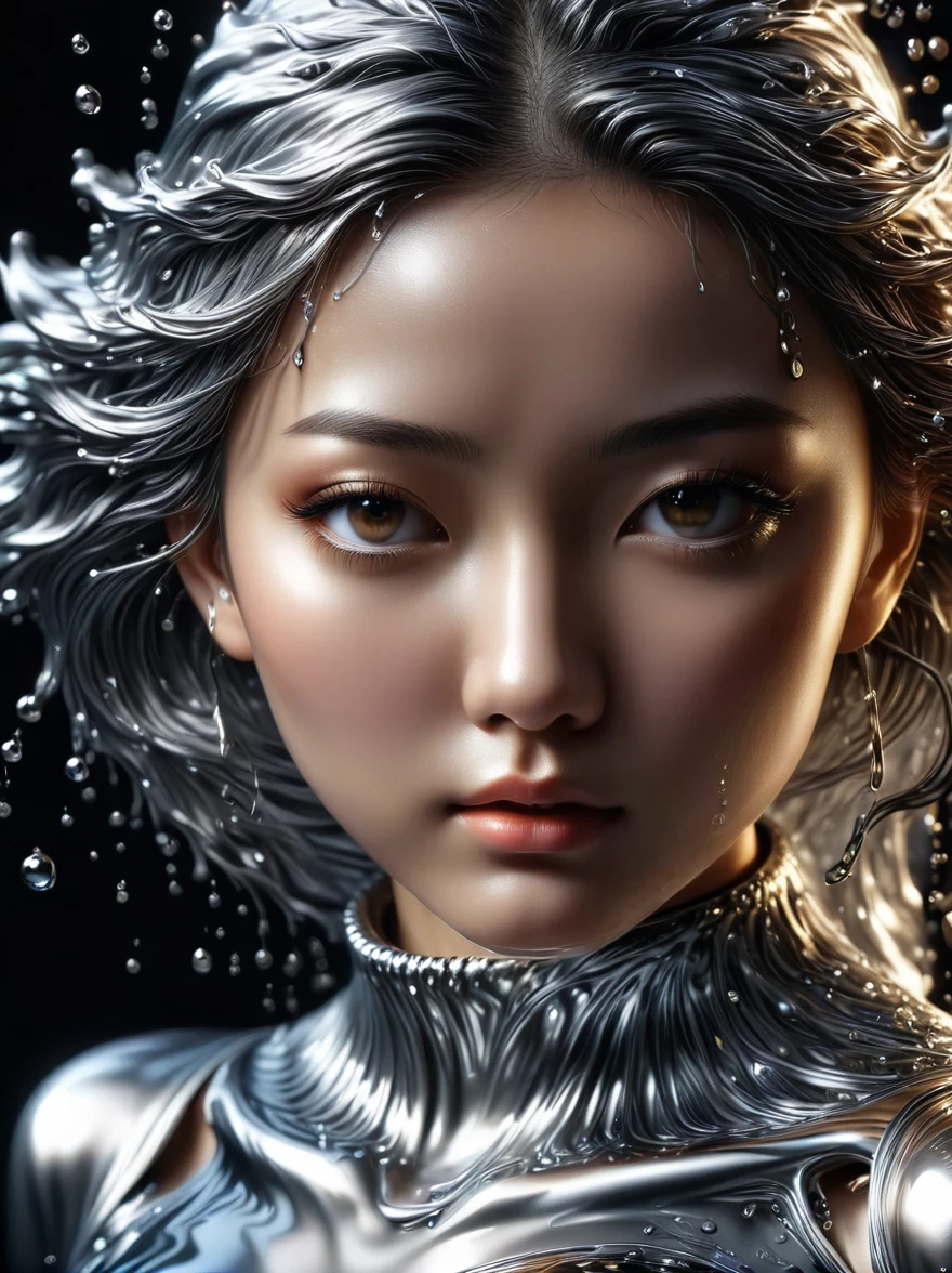 1girl, (Made of liquid metal:1.5)，Metal water droplets，Dripping，液态Metal Rain滴，下液态Metal Rain，Metal Rain，美丽detailed的眼睛，美丽detailed的嘴唇，极其detailed的眼睛和脸，Long eyelashes，Flowing metal,Metallic luster，Reflective surface，Dynamic poses，戏剧性light，Dark background，The art of math，Concept Art，light，戏剧性light，3D Rendering，Hyperrealism，detailed，metallic feel，Luminescence，柔和light，Dynamic composition，Dramatic composition，(Best quality，8k，high resolution，masterpiece:1.2)，超detailed，(Reality, 1.4 times more realism), 戏剧性light，Physically Based Rendering，(Extremely detailed description)，Super Fine，major，Vibrant colors，blur background