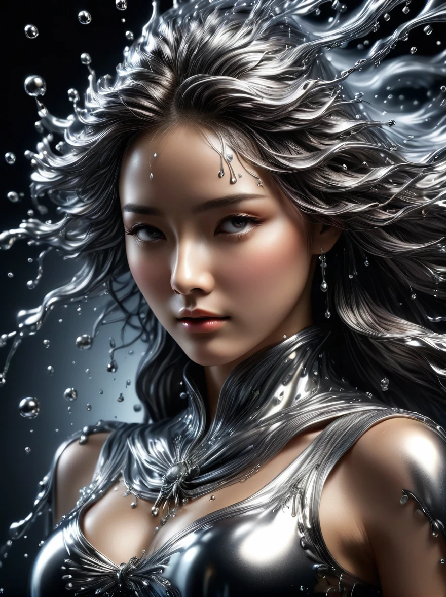 1girl, (Made of liquid metal:1.5)，Metal water droplets，Dripping，液态Metal Rain滴，下液态Metal Rain，Metal Rain，美丽detailed的眼睛，美丽detailed的嘴唇，极其detailed的眼睛和脸，Long eyelashes，Flowing metal,Metallic luster，Reflective surface，Dynamic poses，戏剧性light，Dark background，The art of math，Concept Art，light，戏剧性light，3D Rendering，Hyperrealism，detailed，metallic feel，Luminescence，柔和light，Dynamic composition，Dramatic composition，(Best quality，8k，high resolution，masterpiece:1.2)，超detailed，(Reality, 1.4 times more realism), 戏剧性light，Physically Based Rendering，(Extremely detailed description)，Super Fine，major，Vibrant colors，blur background