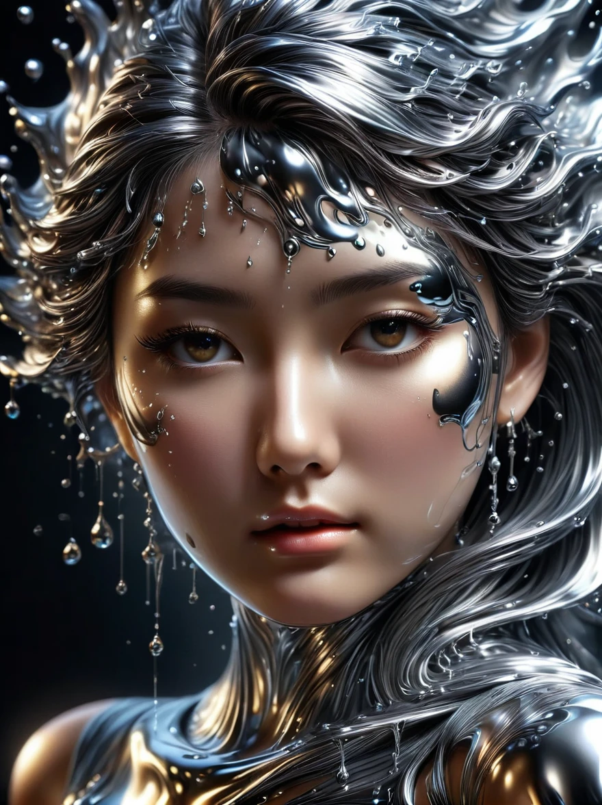 1girl, (Made of liquid metal:1.5)，Metal water droplets，Dripping，液态Metal Rain滴，下液态Metal Rain，Metal Rain，美丽detailed的眼睛，美丽detailed的嘴唇，极其detailed的眼睛和脸，Long eyelashes，Flowing metal,Metallic luster，Reflective surface，Dynamic poses，戏剧性light，Dark background，The art of math，Concept Art，light，戏剧性light，3D Rendering，Hyperrealism，detailed，metallic feel，Luminescence，柔和light，Dynamic composition，Dramatic composition，(Best quality，8k，high resolution，masterpiece:1.2)，超detailed，(Reality, 1.4 times more realism), 戏剧性light，Physically Based Rendering，(Extremely detailed description)，Super Fine，major，Vibrant colors，blur background