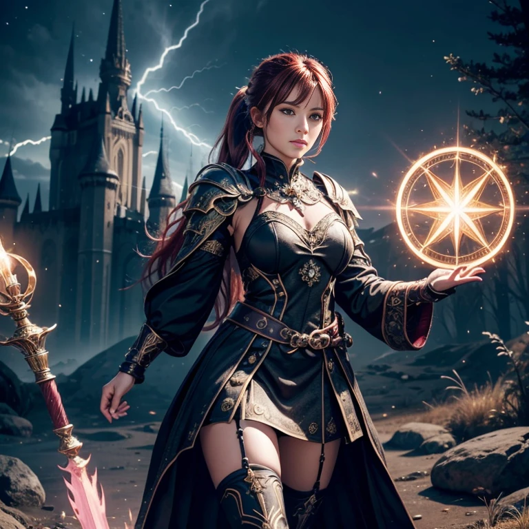 (master piece:1.5), (best quality:1.5), 8k,wallpaper, Full Body Female dark red hair in a short ponytail dark fantasy paladin girl wearing an intricate elaborate futuristic black mini short armor with mini dress with elaborated light pink ornaments, black short mini skirt with elaborated pink ornaments, thick legs, black stockings, wearing a large staff, conjuring a magic circle, stars, night castle background with a big floating rock behind in the distance, ethereal lightning, sharp focus