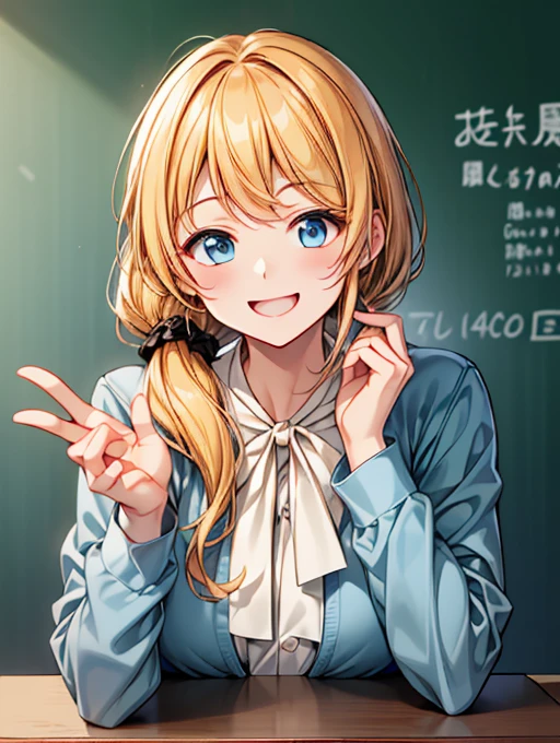 high resolution、High definition、high quality、Masterpiece、1 female、Ellen Baker、School teacher、Blonde、Blue Eyes、Light blue suit、School classroom、Cute pose、blackboard、smile、((Depiction of only the upper body))、((Woman close up))