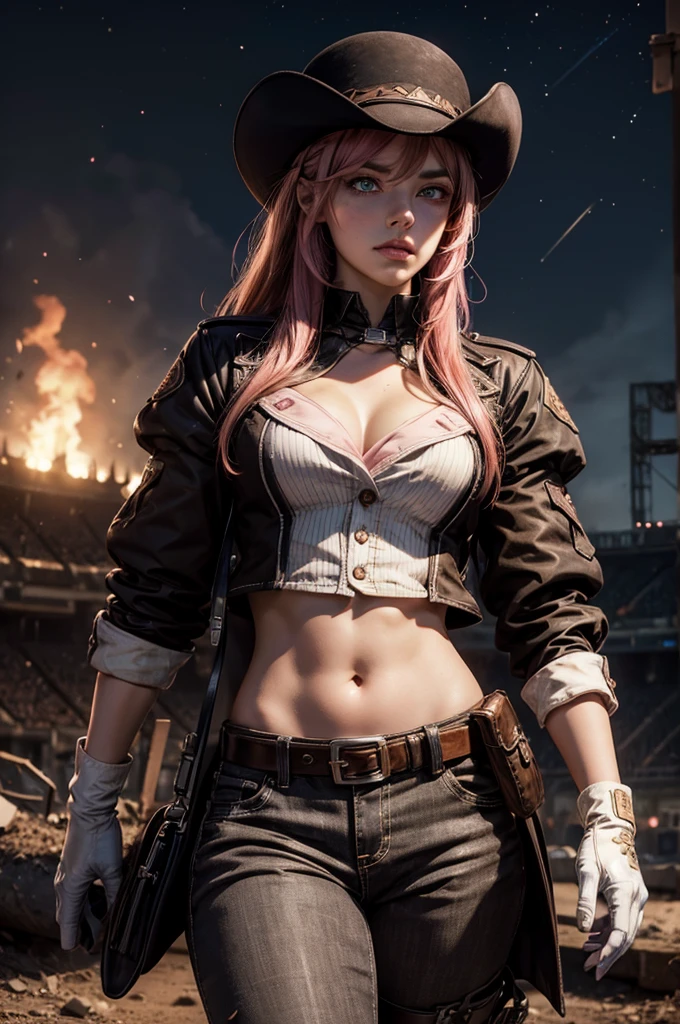 neopolitan, neopolitan, long hair, brown hair, (brown eyes:1.3), pink hair, multicolored hair, pink eyes, two-tone hair, (heterochromia:1.2), split-color hair, BREAK gloves, hat, navel, brown eyes, detached sleeves, midriff, belt, pants, white gloves, black headwear, bowler hat, BREAK outdoors, night, stars, [[moon]], post-apocalypse, dystopian future, inside ruined stadium, broken ground, stream,  (crowd in military uniforms), bonfires, BREAK looking at viewer, (cowboy shot:1.5), BREAK (masterpiece:1.2), best quality, high resolution, unity 8k wallpaper, (illustration:0.8), (beautiful detailed eyes:1.6), extremely detailed face, perfect lighting, extremely detailed CG, (perfect hands, perfect anatomy),