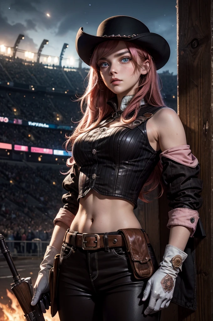 neopolitan, neopolitan, long hair, brown hair, (brown eyes:1.3), pink hair, multicolored hair, pink eyes, two-tone hair, (heterochromia:1.2), split-color hair, BREAK gloves, hat, navel, brown eyes, detached sleeves, midriff, belt, pants, white gloves, black headwear, bowler hat, BREAK outdoors, night, stars, [[moon]], post-apocalypse, dystopian future, inside ruined stadium, broken ground, stream,  (crowd in military uniforms), bonfires, BREAK looking at viewer, (cowboy shot:1.5), BREAK (masterpiece:1.2), best quality, high resolution, unity 8k wallpaper, (illustration:0.8), (beautiful detailed eyes:1.6), extremely detailed face, perfect lighting, extremely detailed CG, (perfect hands, perfect anatomy),