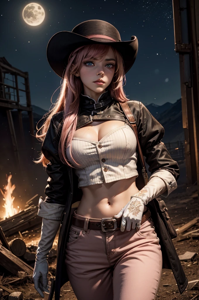 neopolitan, neopolitan, long hair, brown hair, (brown eyes:1.3), pink hair, multicolored hair, pink eyes, two-tone hair, (heterochromia:1.2), split-color hair, BREAK gloves, hat, navel, brown eyes, detached sleeves, midriff, belt, pants, white gloves, black headwear, bowler hat, BREAK outdoors, night, stars, [[moon]], post-apocalypse, dystopian future, inside ruined stadium, broken ground, stream,  (crowd in military uniforms), bonfires, BREAK looking at viewer, (cowboy shot:1.5), BREAK (masterpiece:1.2), best quality, high resolution, unity 8k wallpaper, (illustration:0.8), (beautiful detailed eyes:1.6), extremely detailed face, perfect lighting, extremely detailed CG, (perfect hands, perfect anatomy),
