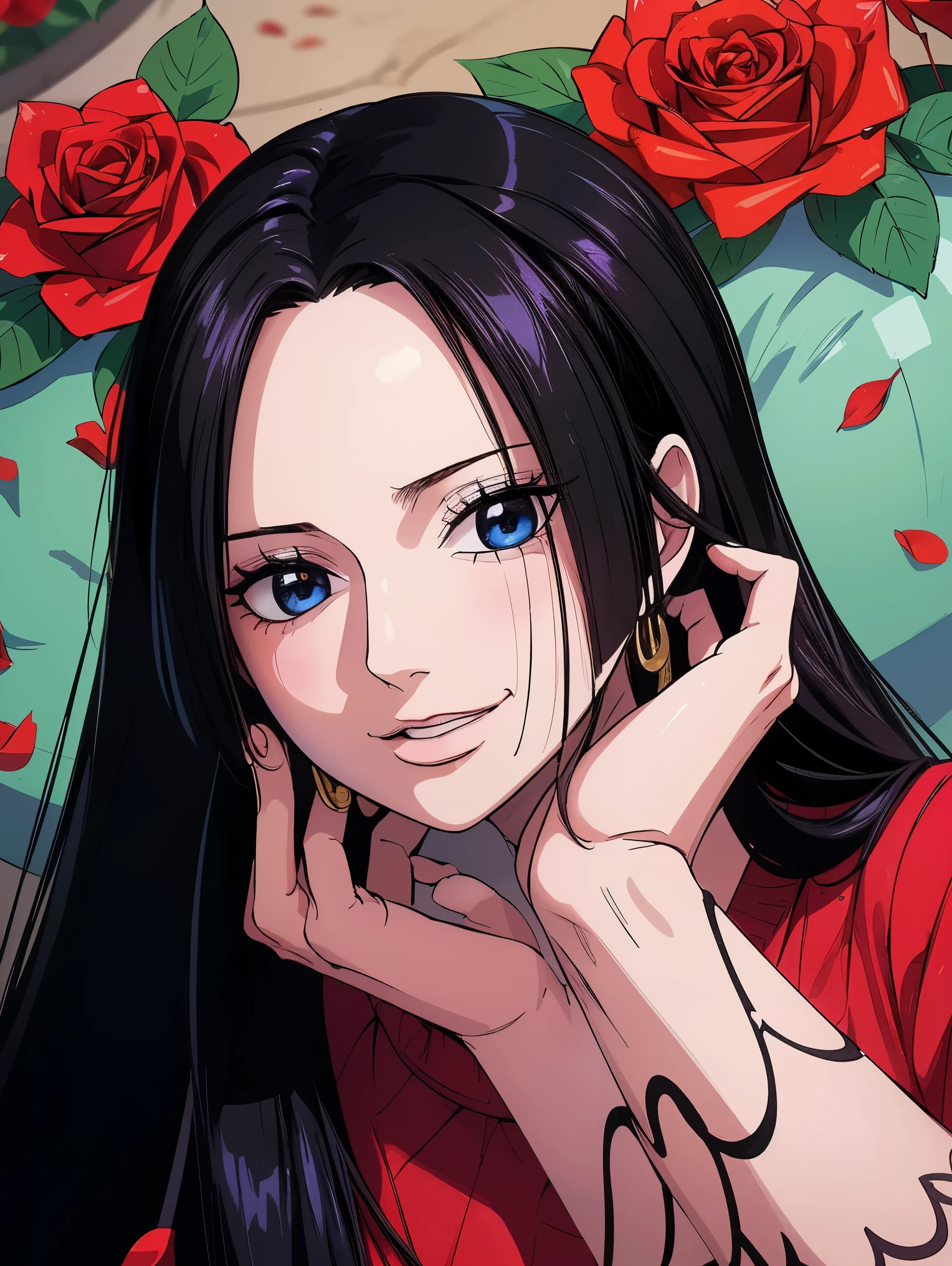 highest quality, masterpiece, Very detailed,One girl, ((Rose)), (vine), cage, bandage, Red rope, (Detail Light), falling Rose petals, Boa Hancock,, (masterpiece:1.5), Detailed Photos, smile,(8k, Realistic, highest quality: 1.4), (One girl), Beautiful Face, (Anime realistic face), (Black Hair, Long Hair: 1.3), Beautiful Hairstyles, Realistic eyes, Beautiful details in the eyes, (Realistic Skin), Beautiful Skin, (sweater), Absurd, Charm, 超High resolution, Ultra-realistic, High resolution, Golden Ratio, Salome, White snake with a skull on its head, Big Snake