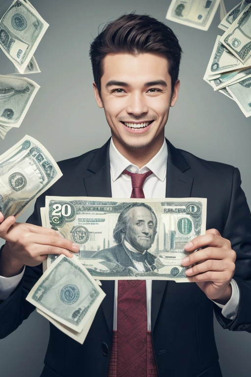 A man holding banknotes in his hand, looking very happy and excited. The background is simple and does not distract from the focus on the man and the
