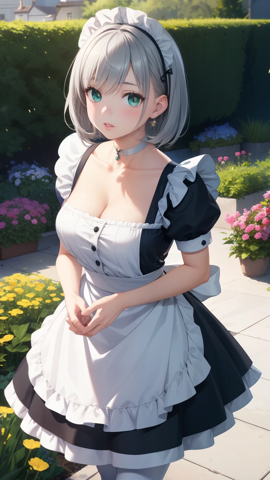 1girl, natural lighting, masterpiece, highly detailed, illustration, game CG, absurdres, high quality, aichan, large breasts, beautiful green detailed eyes, short silver hair, bangs, glossy lips, lips parted, garden, standing, collarbone, choker, cleavage, yellow maid dress, short puffy sleeves, small maid apron, white thigh highs