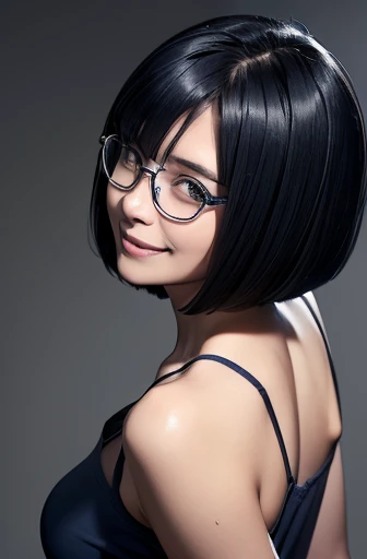 (masterpiece), (8k, best quality, high resolution), (ultra-detailed, realistic), (anatomically correct),
((from above)), ((Look up with your face raised)),
((face close-up)), (Standing), (((looking back))), (No background),
(1woman), ((looking at viewer)), (show your back),
(A Japanese woman, 30 years old and 155cm tall.),
((Wear a navy blue tunic camisole)), ((A camisole without decoration.)),
(black hair), (straight hair), (short hair style), ((bob cut)),
(wear glasses), (black square cell glasses),
((smile broadly)),
(Her impression is pure, clean and kind.),