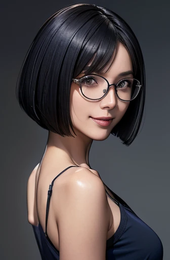 (masterpiece), (8k, best quality, high resolution), (ultra-detailed, realistic), (anatomically correct),
((from above)), ((Look up with your face raised)),
((face close-up)), (Standing), (((looking back))), (No background),
(1woman), ((looking at viewer)), (show your back),
(A Japanese woman, 30 years old and 155cm tall.),
((Wear a navy blue tunic camisole)), ((A camisole without decoration.)),
(black hair), (straight hair), (short hair style), ((bob cut)),
(wear glasses), (black square cell glasses),
((smile broadly)),
(Her impression is pure, clean and kind.),