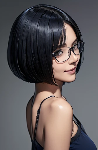(masterpiece), (8k, best quality, high resolution), (ultra-detailed, realistic), (anatomically correct),
((from above)), ((Look up with your face raised)),
((face close-up)), (Standing), (((looking back))), (No background),
(1woman), ((looking at viewer)), (show your back),
(A Japanese woman, 30 years old and 155cm tall.),
((Wear a navy blue tunic camisole)), ((A camisole without decoration.)),
(black hair), (straight hair), (short hair style), ((bob cut)),
(wear glasses), (black square cell glasses),
((smile broadly)),
(Her impression is pure, clean and kind.),