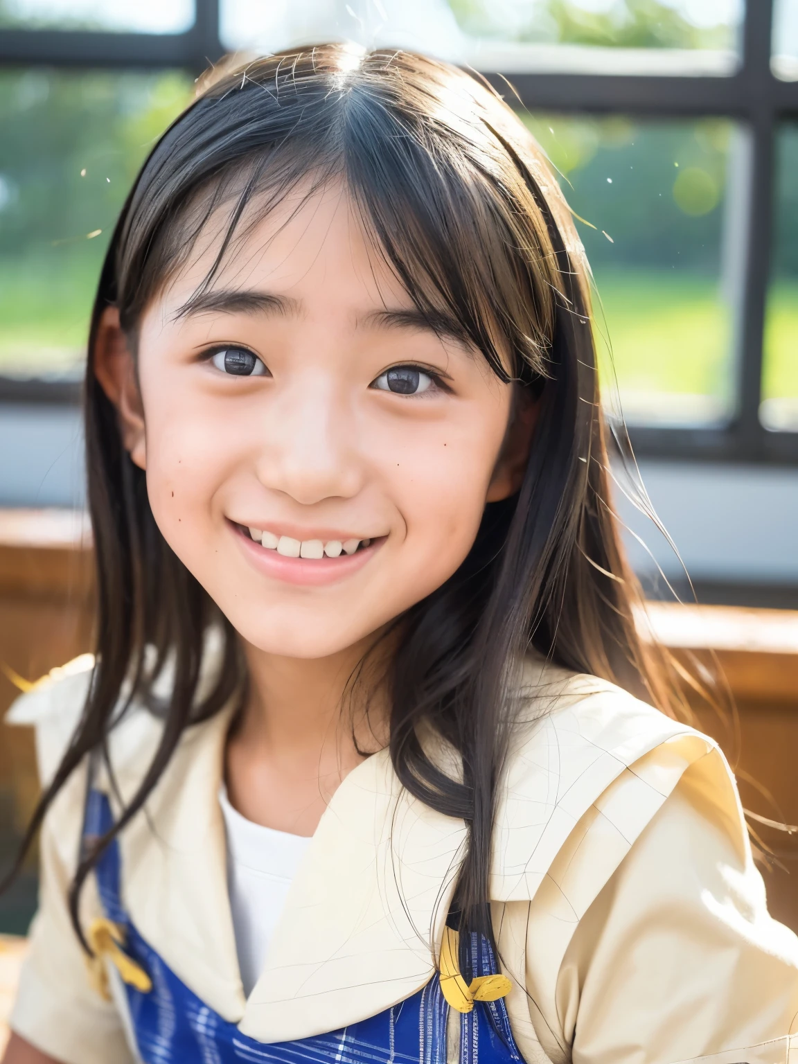 lens: 135mm f1.8, (highest quality),(RAW Photos), (Tabletop:1.1), (Beautiful 16 year old Japanese girl), Cute Face, (Deeply chiseled face:0.7), (freckles:0.4), dappled sunlight, Dramatic lighting, (Japanese School Uniform), (In the classroom), shy, (Close-up shot:1.2), (smile), (sunlight)