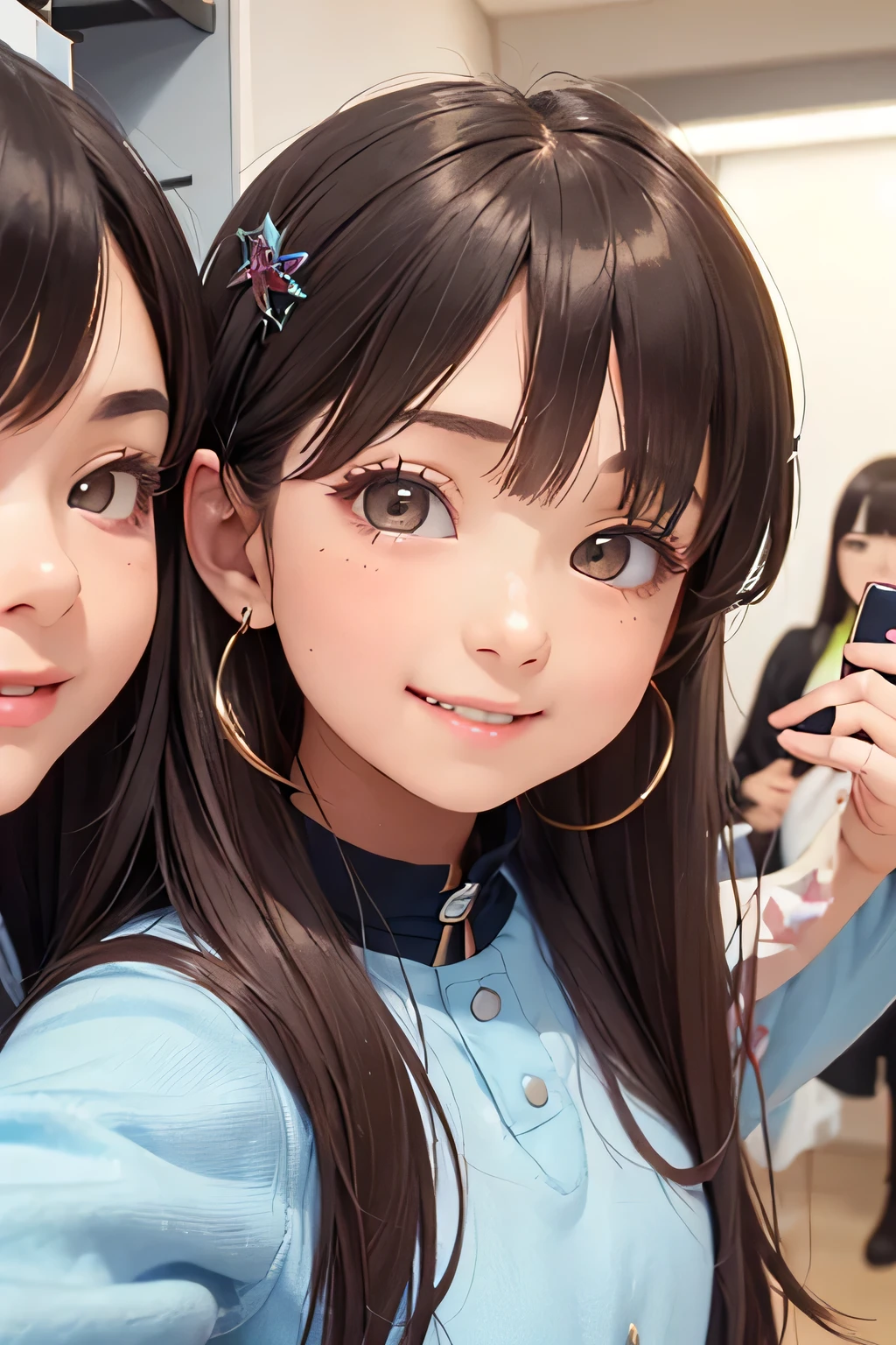 highest quality、High resolution、Detailed Background、(Beautiful face in every detail:1.4)、Anatomically correct、(Hide your fingers:1.3)、(Detailed facial expressions)、(Detailed eyes:1.2)、Teenage beauty、(Highly detailed face:1.4)、Cute hair colour、Braided twin tails、well-groomed eyebrows、Cute JK Uniform、Cute gestures、(Changing clothes in the fitting room)、In a joking manner、A big smile、(Three beautiful girls happily taking a selfie with their friends:1.5)