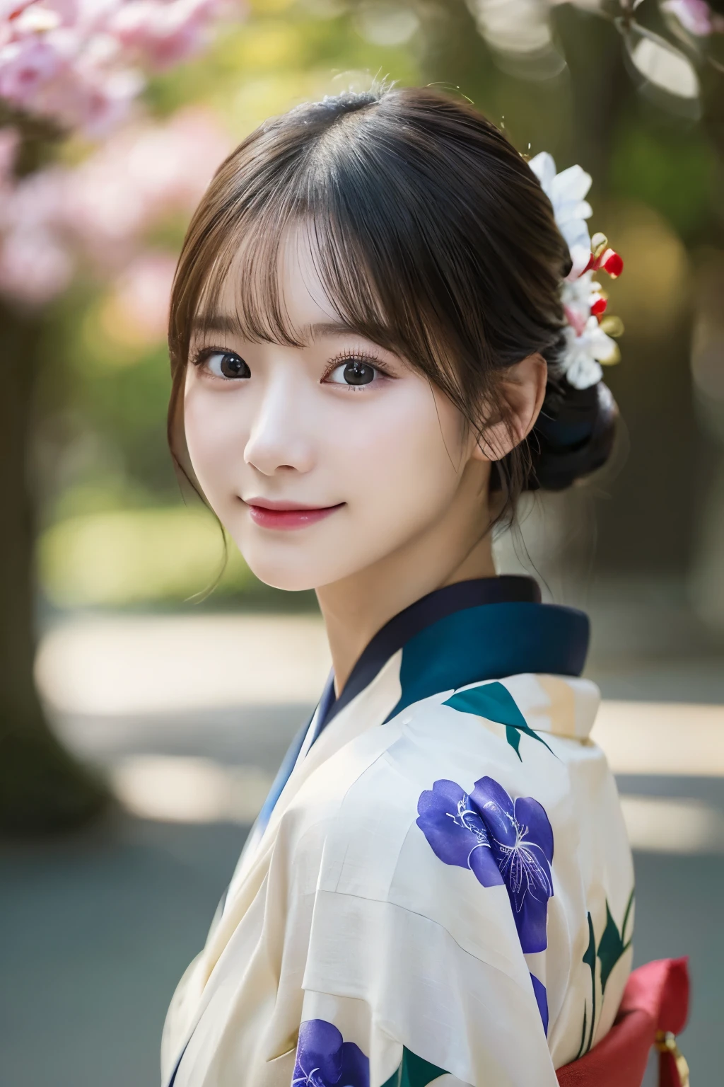 （kimono）、(highest quality、8k、High resolution、masterpiece:1.2)、Very detailed、(Realistic、photoRealistic、photo-Realistic:1.37)、Bokeh、Portraiture、No makeup、smile、(Beautiful and detailed eyes)、Detailed face、Written boundary depth、chromatic aberration、Use natural light and color,、Wide range of lighting、Natural Shading