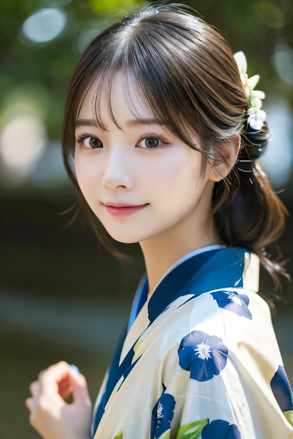 (kimono)、(highest quality、8k、High resolution、masterpiece:1.2)、Very detailed、(Realistic、photoRealistic、photo-Realistic:1.37)、Bokeh、Portraiture、No makeup、smile、(Beautiful and detailed eyes)、Detailed face、Written boundary depth、chromatic aberration、Use natural light and color,、Wide range of lighting、Natural Shading