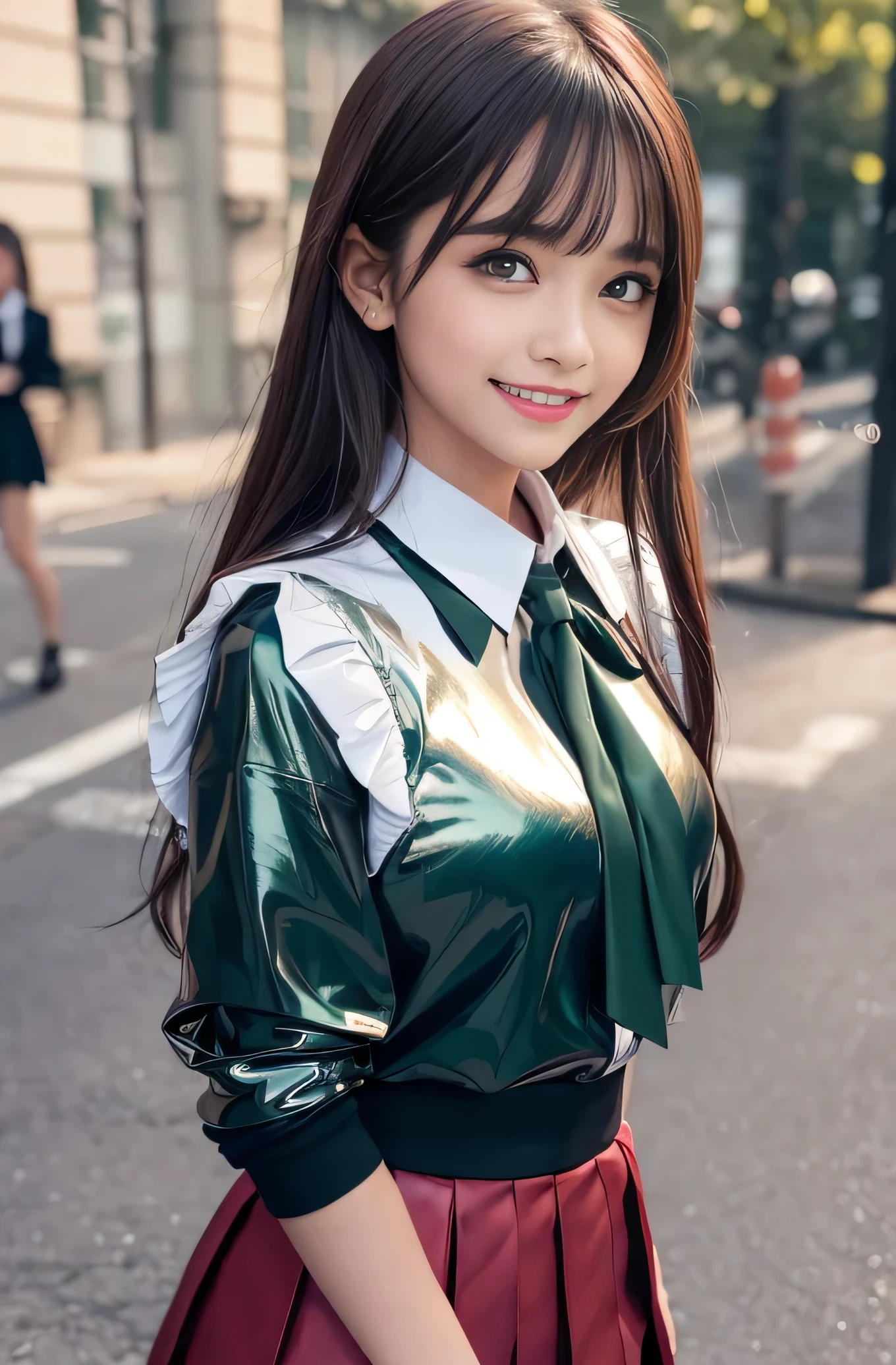 Angelic Very pretty cute young girl, 
very beautiful girl,
(V-line jaw),
Beautiful detailed brown eyes, (clear-eyed:1.2),
small straight nose,small mouth,
Detailed double eyelids, 
(Large eyes:1.3), 
Long straight brown hair, 
see-through bangs, 
beautiful detailed face and eyes, 
smiling, in the street,
BREAK   
(super shiny metallic dark red  blazer:1.3),metallic pearl white school blouse,(shiny metallic bright red neck ribbon tie:1.2),(super shiny metallic dark green pleat skirt :1.5),(school uniform with super reflective surfaces:1.5),

(Very beautiful cute girl:1.2), 
Very pretty cute young girl, 
V-line jaw,
Beautiful detailed eyes, 
very beautiful girl,
Detailed double eyelids, 
(Large eyes:1.3), 
Long straight brown hair, 
see-through bangs, 
beautiful detailed face and eyes, 
smiling, 
break  
(Very beautiful cute girl, Beautiful detailed eyes, Detailed double eyelids:1.3), 
(Soft Saturation: 1.3), 
(Fair skin: 1.4), 
(Large eyes:1.4), 
break  
Very beautiful cute girl, 
Sharp Focus, 
brown hair, 
Very beautiful cute girl, 
Raw photo, 
High resolution, 
perfect detail, 
Professional Photography, Professional Lighting, 
strong lighting,
break 
(smile:1.6),(5 yo:1.3)