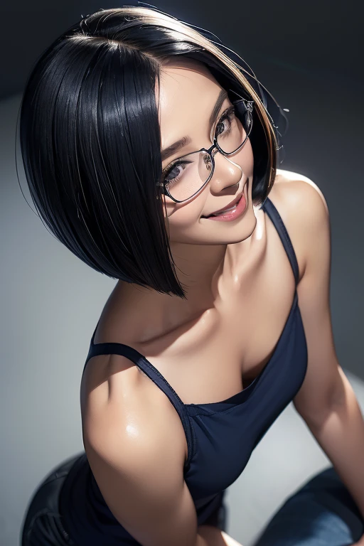 (masterpiece), (8k, best quality, high resolution), (ultra-detailed, realistic), (anatomically correct),  
((from above)), ((Look up with your face raised)), 
((face close-up)), (Standing), (((looking back))), (No background),
(1woman),  ((looking at viewer)), (show your back), 
(A Japanese woman, 30 years old and 155cm tall.), 
((Wear a navy blue tunic camisole)), ((A camisole without decoration.)),  
(black hair), (straight hair), (short hair style), ((bob cut)), 
(wear glasses), (black square cell glasses), 
((smile broadly)), 
(Her impression is pure, clean and kind.),

