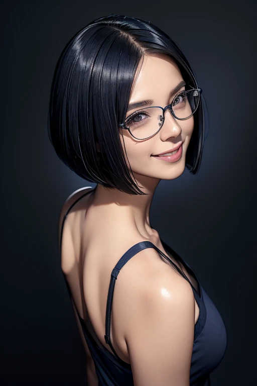 (masterpiece), (8k, best quality, high resolution), (ultra-detailed, realistic), (anatomically correct),  
((from above)), ((looking up)), 
((face image)), (Standing), (((looking back))), (No background),
(1woman),  ((looking at viewer)), (show your back), 
(A Japanese woman, 30 years old and 155cm tall.), 
((Wear a navy blue tunic camisole)), ((A camisole without decoration.)),  
(black hair), (straight hair), (short hair style), ((bob cut)), 
(wear glasses), (black square cell glasses), 
((smile broadly)), 
(Her impression is pure, clean and kind.),
