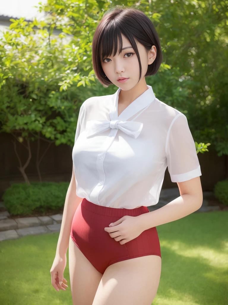 a beautiful 18-year-old Japanese lady, short bob hair, serafuku uniform, tight translucent shirt, large round breasts, slender curvy figure, beautiful detailed eyes, long eyelashes, double eyelids, elongated eyes, innocent smile, sailor knot scarf, short pleated miniskirt, red underwear, school patio background, hands on hip, (best quality,4k,8k,highres,masterpiece:1.2),ultra-detailed,(realistic,photorealistic,photo-realistic:1.37),HDR,vivid colors,studio lighting
