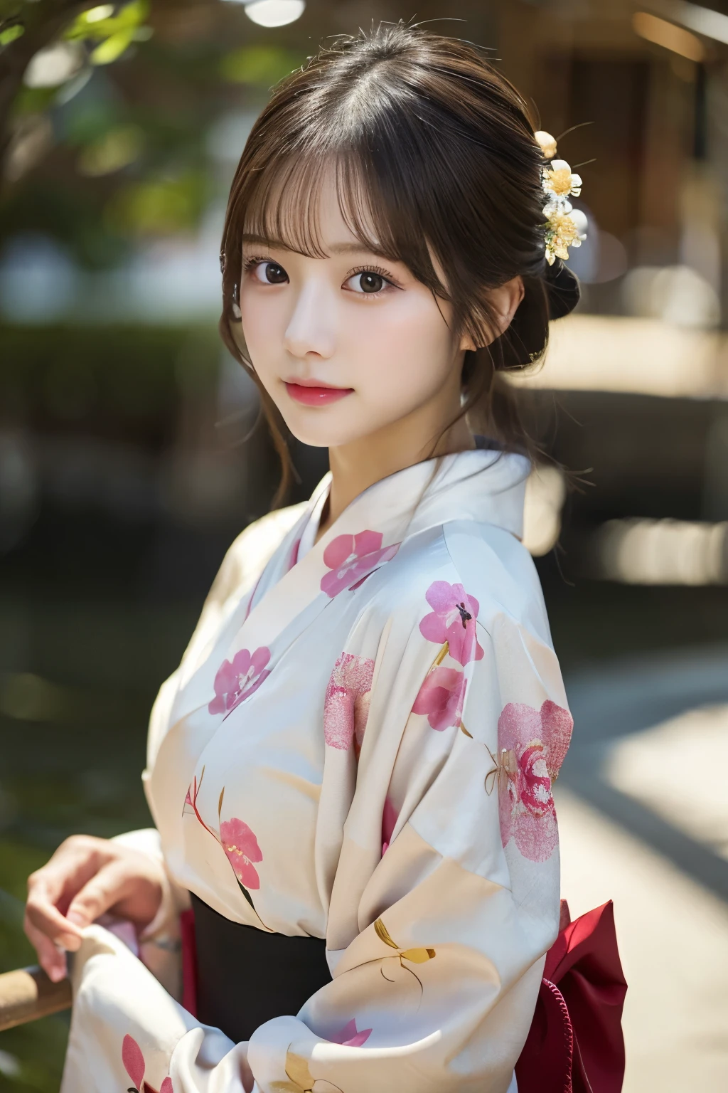 （kimono）、masterpiece、beautiful girl、Beautiful brown eyes、Puffy eyes、highest quality, 超A high resolution, (reality: 1.4), Cinema Lighting、(Japanese)、Asian Beauty、so beautiful、Beautiful Skin、thin、(Looking at the audience)、(Surreal)、(High resolution)、(8k)、(Very detailed)、(Beautiful fine details)、(Very detailed)、 (wallpaper)、Detailed face、Bright lighting、Professional Lighting、