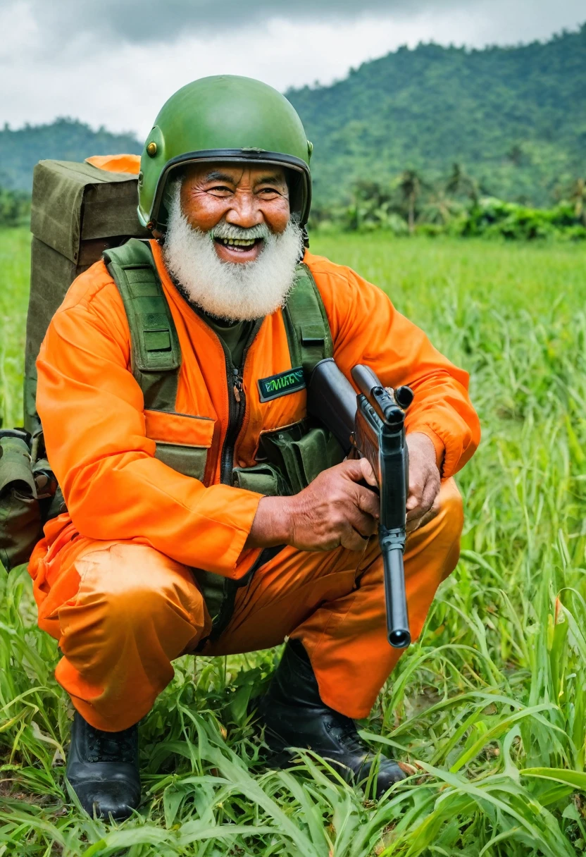(((a dark-skinned fat bearded elderly chubby old man in orange pilot suit))) crouching in a field, (((wearing green army helmet on his head))), holding a gun, wearing army boots, Bruce Onobrakpeya, sumatraism, stanley artgermm, masculine, full round face, a stock photo, smiling, action pose