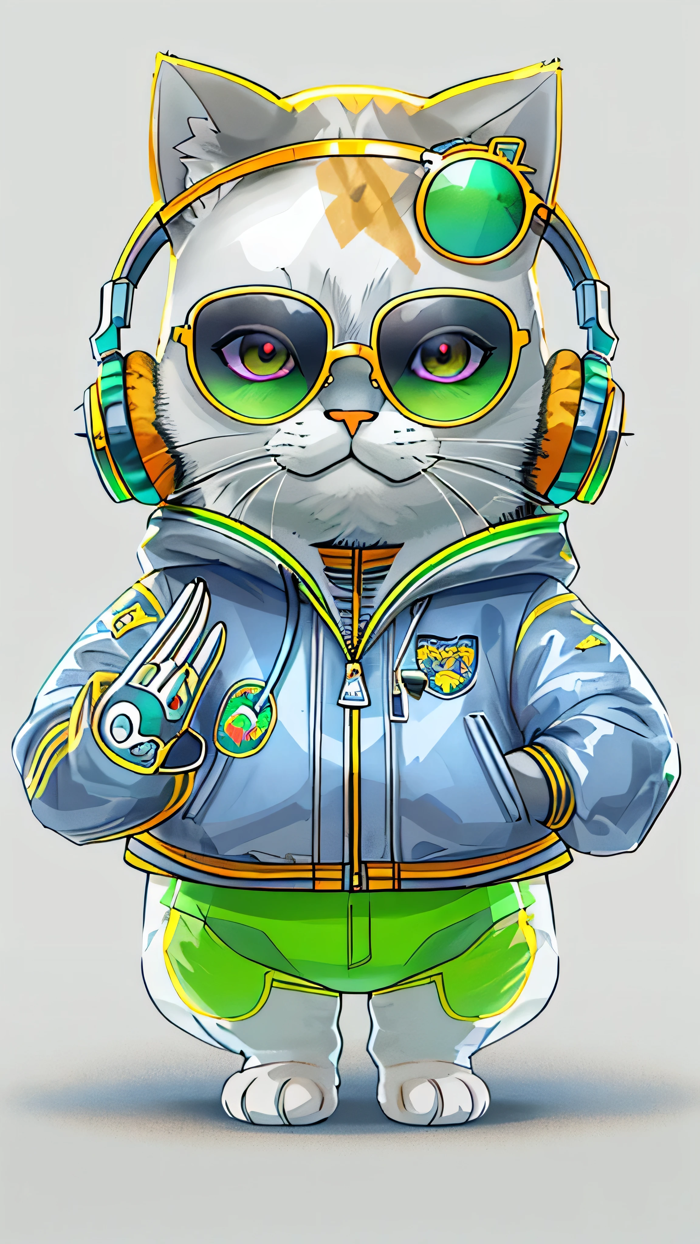 Perfect centering, cute cat, Wear a student team jacket, Wearing sunglasses, Wearing headphones, Cheerfulness, Standing position, Abstract Beauty, Centered, Looking into the camera, To the camera, Near perfect, dynamic, Very detailed, Smooth, Sharp focus, 8k, High resolution, figure, art：Carne Griffith、Vadim Kashin, White Background

