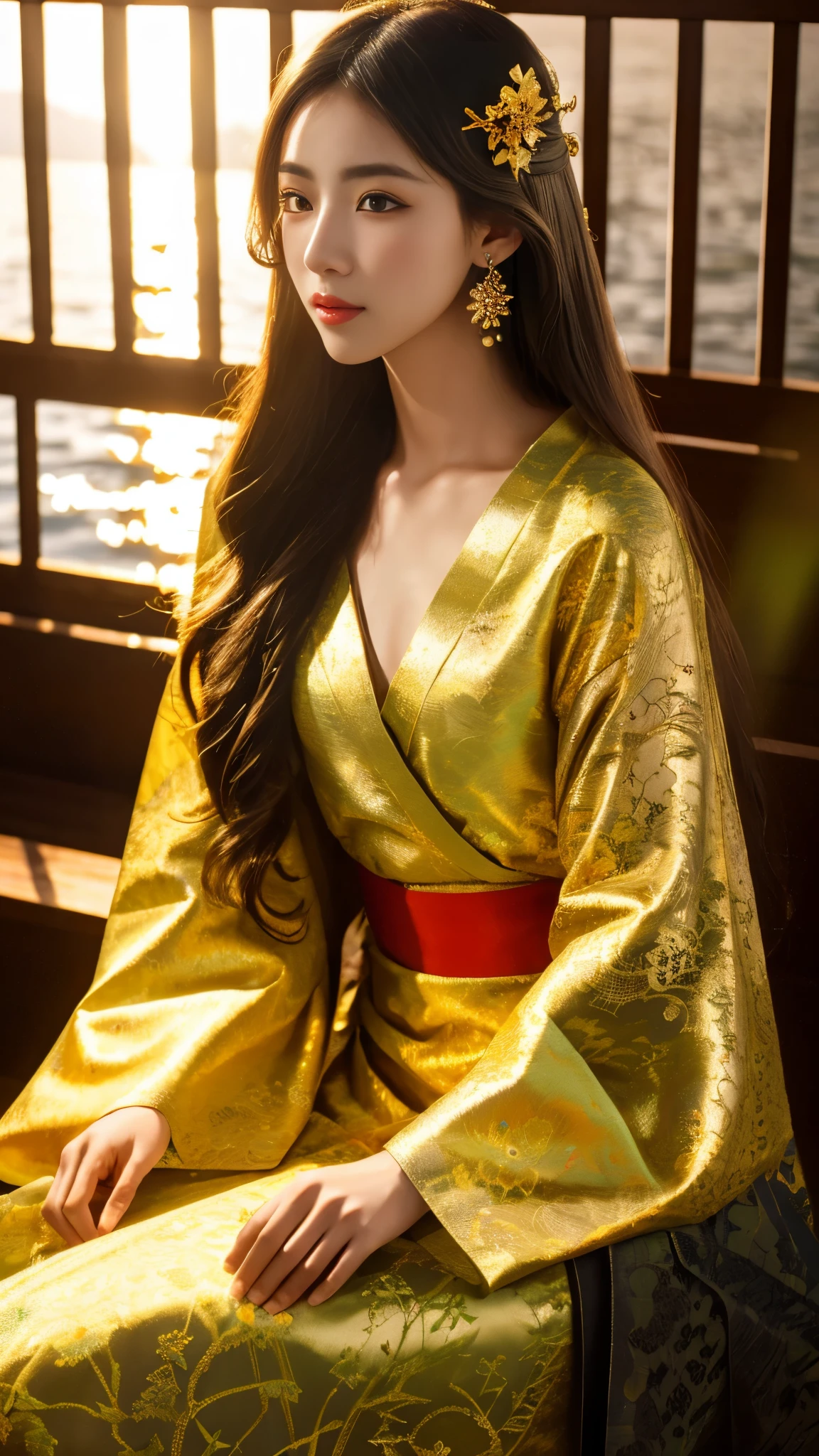 8K, UHD, masterpeiece,best quality, 1 girl, detailed face, detailed eyes, very long hair, long straight hair, small breasts, very detailed dress, kimono costume, goolden costume, ((golden lace)), sardine, flowing sardine, jwellery, earring, ornaments, flower, evening, lake, water, sunset, depth of field, glowing light, god rays, reflection light, bloom, looking at viewer, sitting,